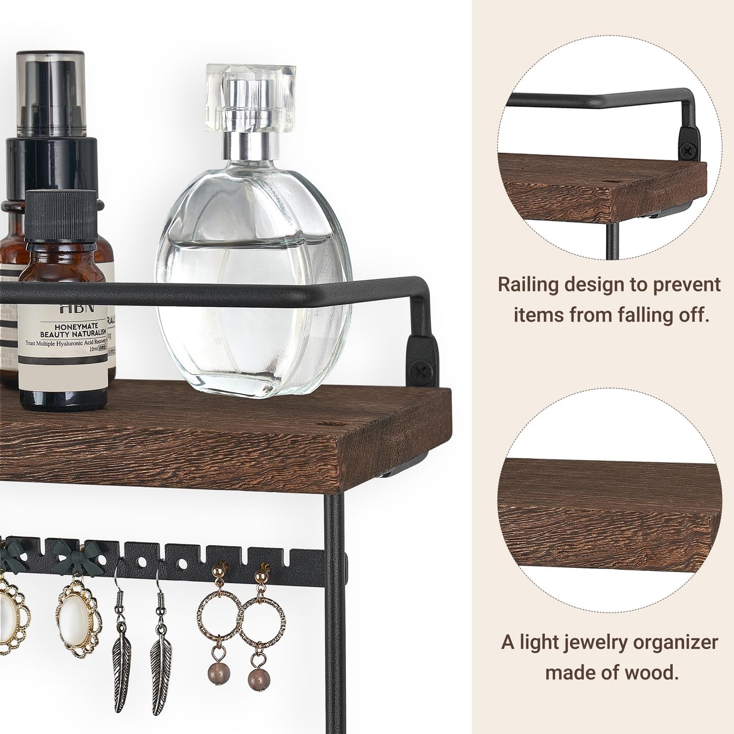 Mkono Wall Hanging Jewelry Organizer with Rustic Wooden Shelf Ring Box Earring Stud Earrings for Earrings Bracelets