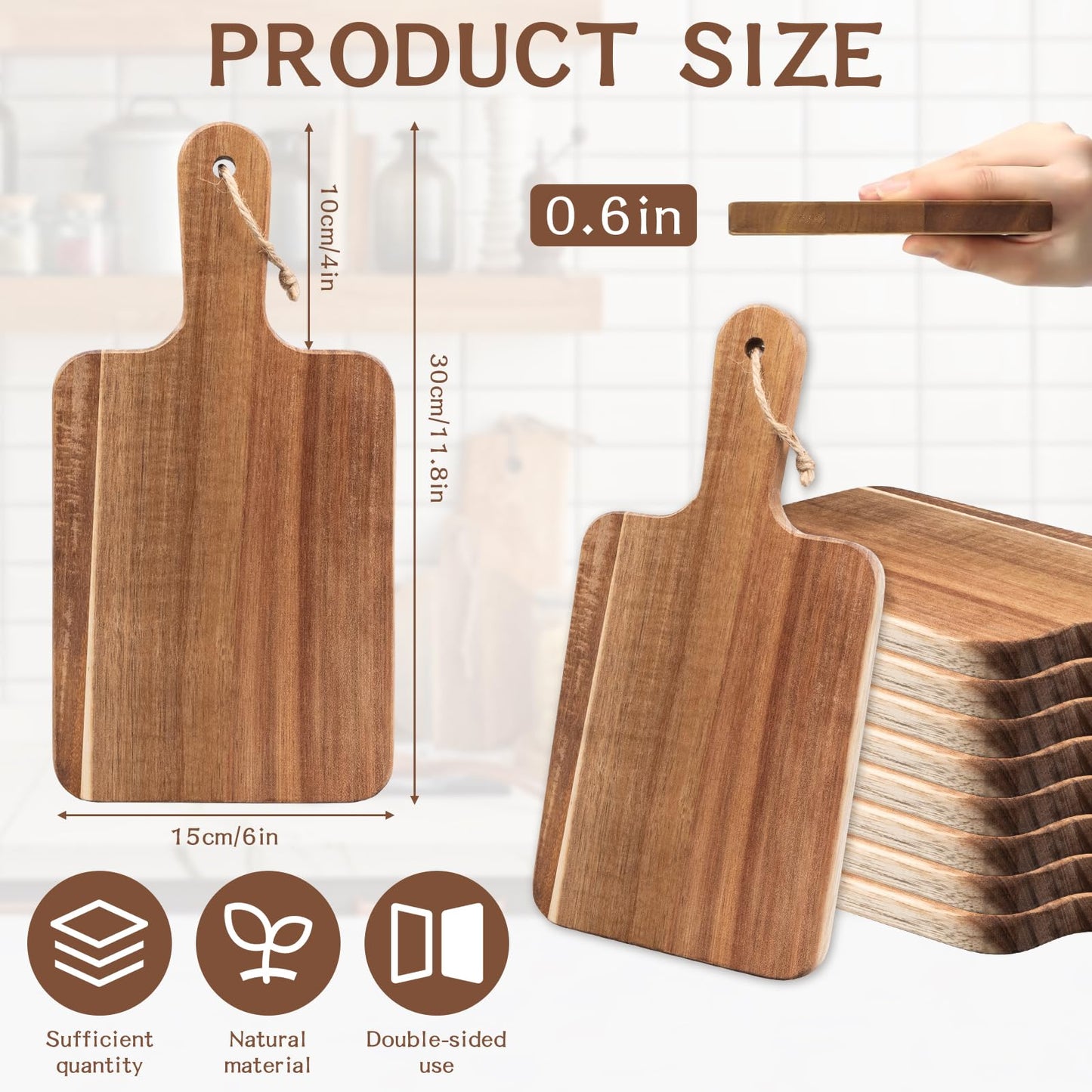 10 Pcs Acacia Wood Cutting Board with Handles, 12 x 6 Inch Charcuterie Boards Bulk Wooden Serving Trays for Cheese, Bread & Appetizer