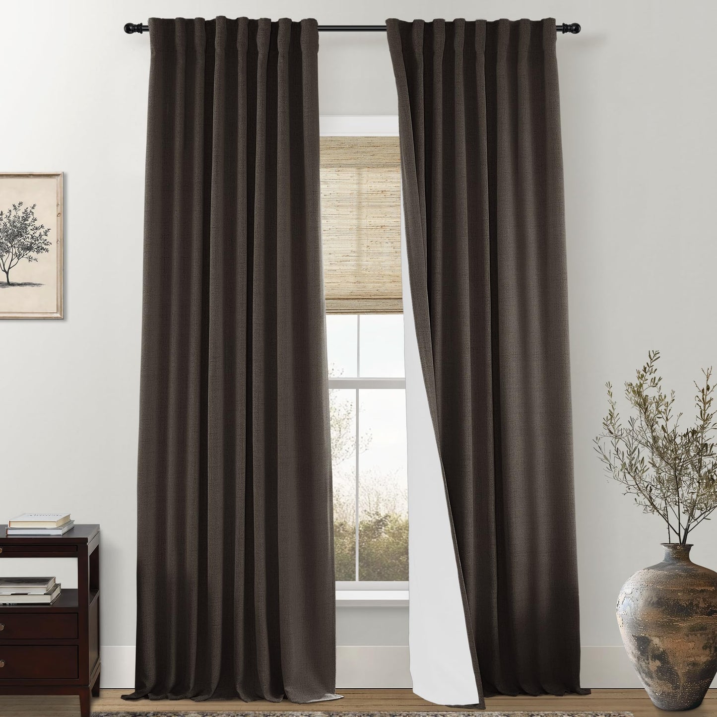 SHINELAND Brown Linen Curtains 96 Inch Long 2 Panels Black Out Curtain for Bedroom Living Room Dining 100% Blackout Room Darkening Dark Curtains Back Tab with Insulated Liners, Dark Brown