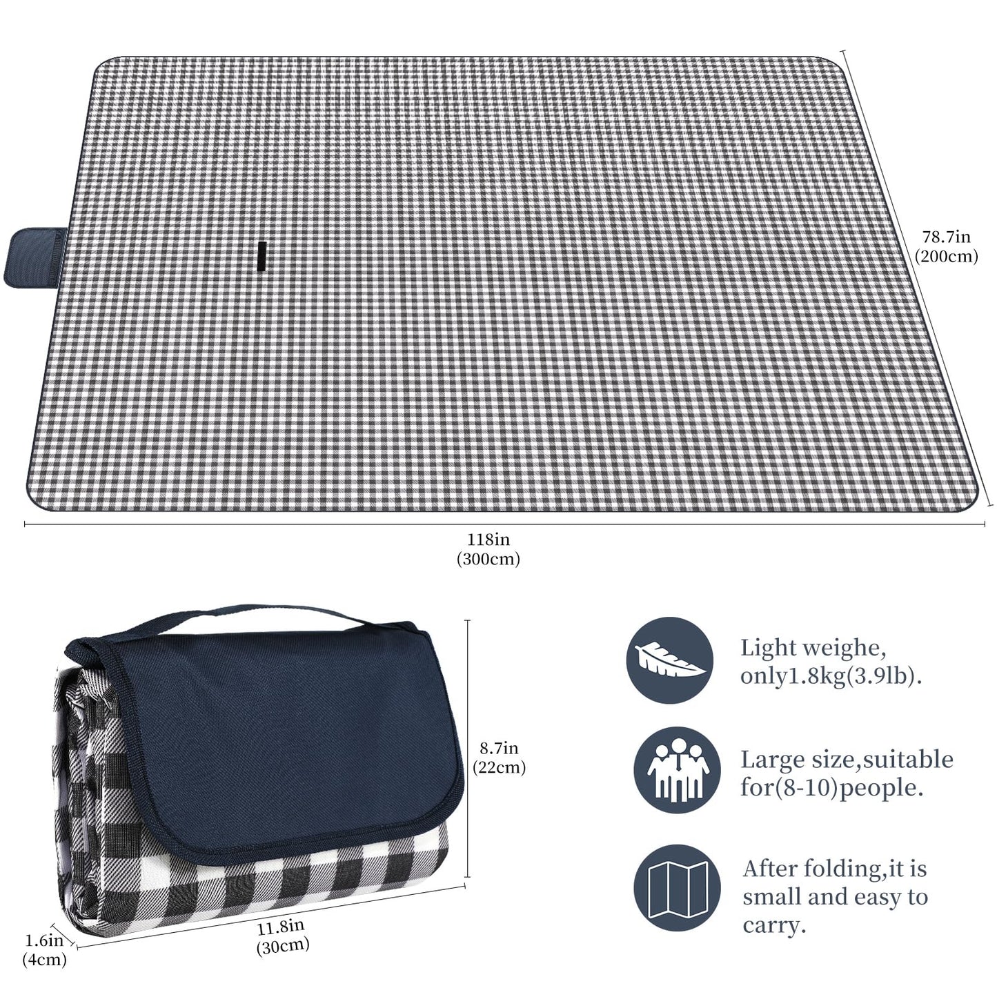 Picnic Blanket,118"×79" Large Foldable Picnic Mat,Beach Blanket,Waterproof Sandproof Blanket,Outdoor Blankets for Gatherings,Park,and Camping.Machine Washable,Durable,Portable,Navy Blue