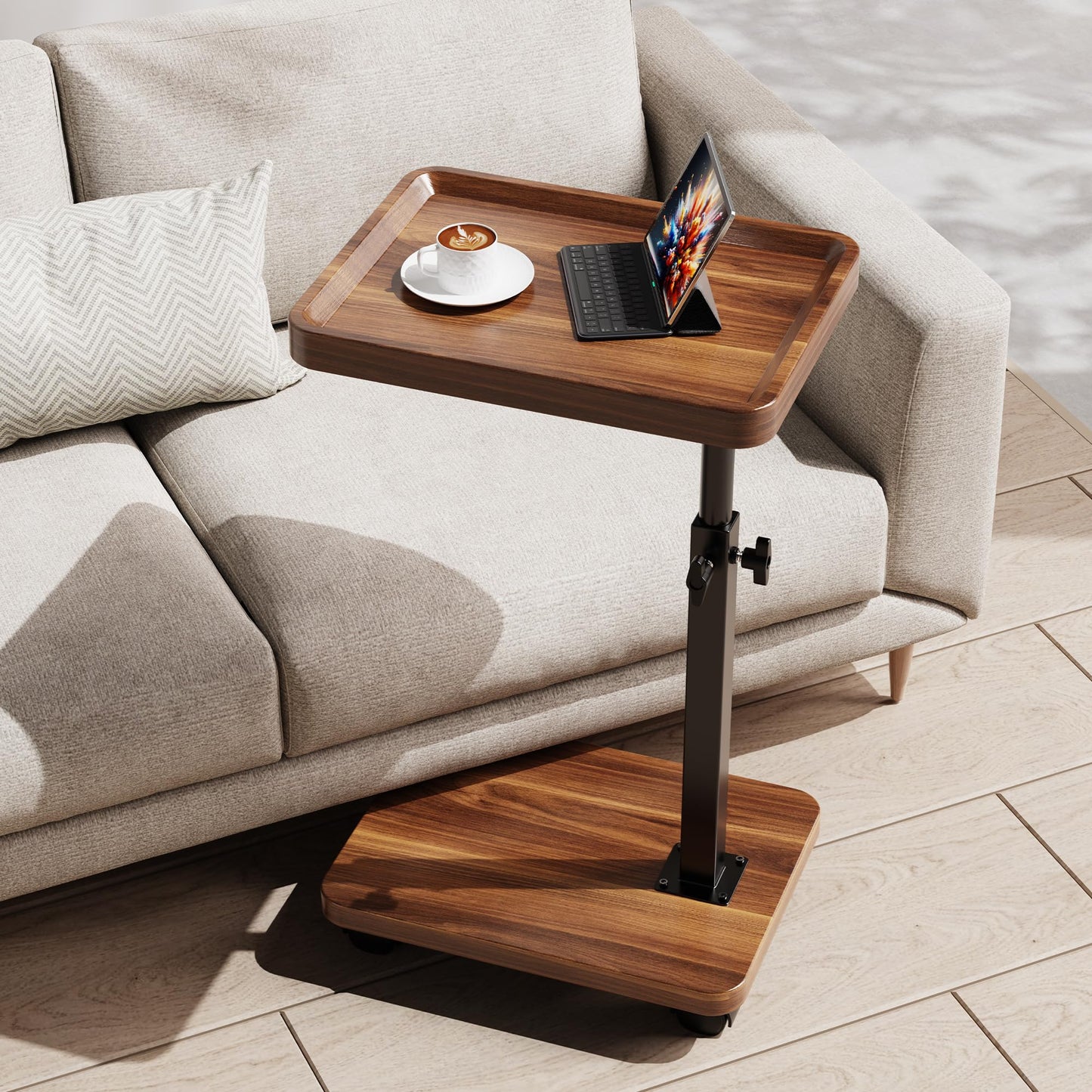 C Table End Table Adjustable Height, 360°Swivel TV Tray Table for Small Spaces, Couch Tables that Slide Under (Walnut-Height Djustable)