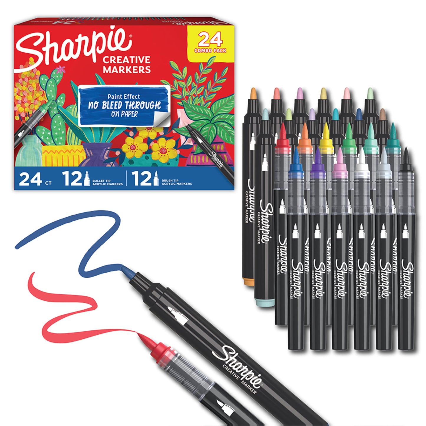 Sharpie Creative Markers, Water-Based Acrylic Markers, Brush Tip & Bullet Tip, Assorted Colours, 24 Count