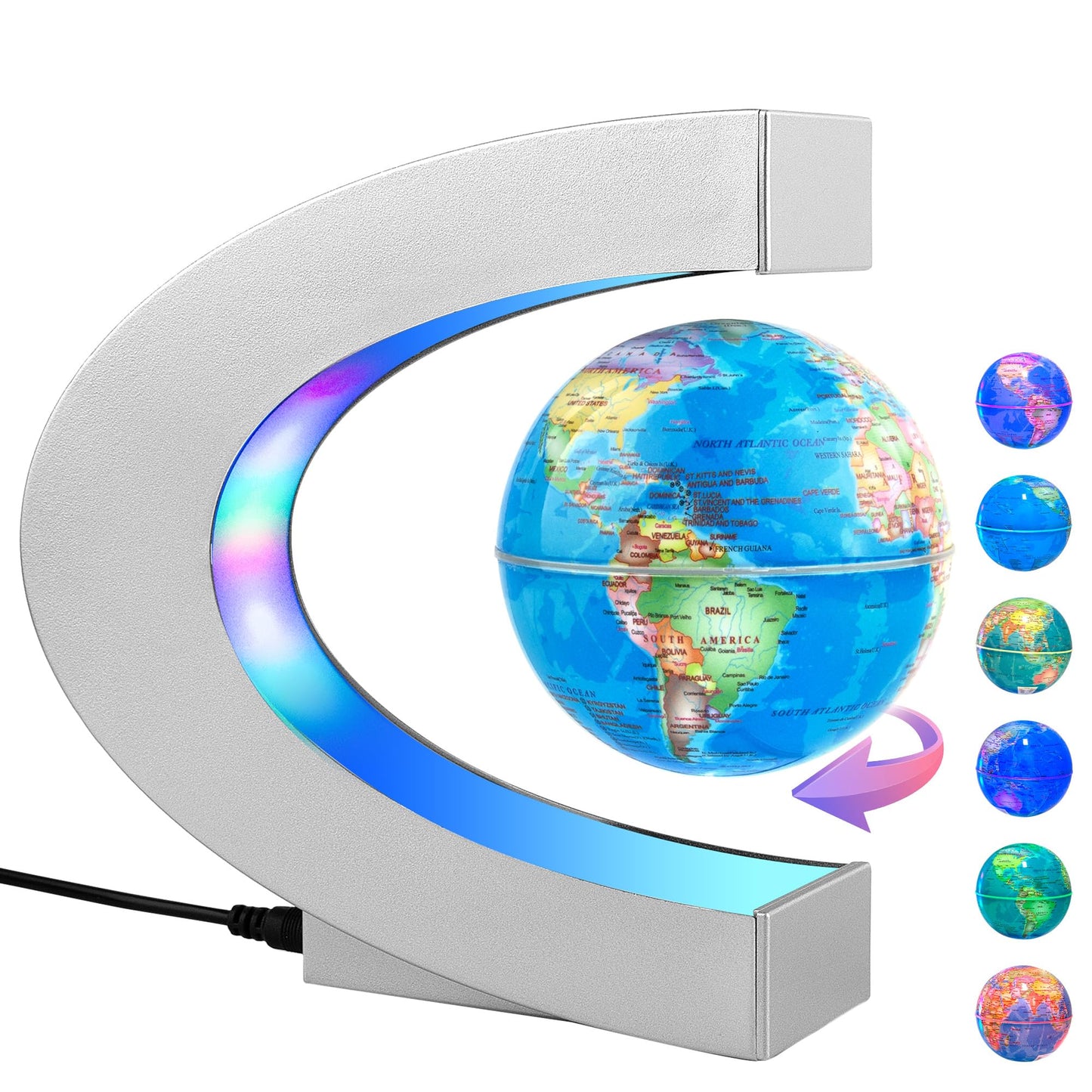 MOKOQI Magnetic Levitating Globe with LED Light, Cool Tech Gift for Men Father Boys and Girls , Birthday Gifts for Kids, Floating Globes World Desk Gadget Decor in Office Home/Display Frame Stand (Sliver)
