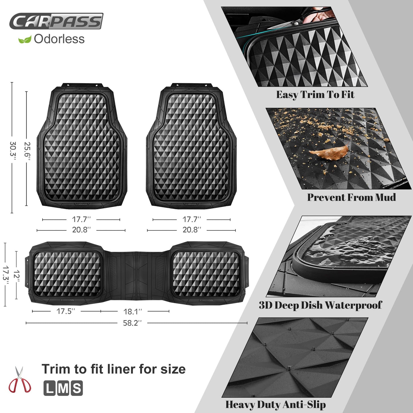 CAR PASS Rubber Car Floor Mats Full Set, Heavy Duty Deep Dish All-Weather Liners, 3D Anti-Slip Rhombus, Waterproof & Trim-to-Fit, Universal Fit for Cars, SUV & Truck, 3-Piece, Black