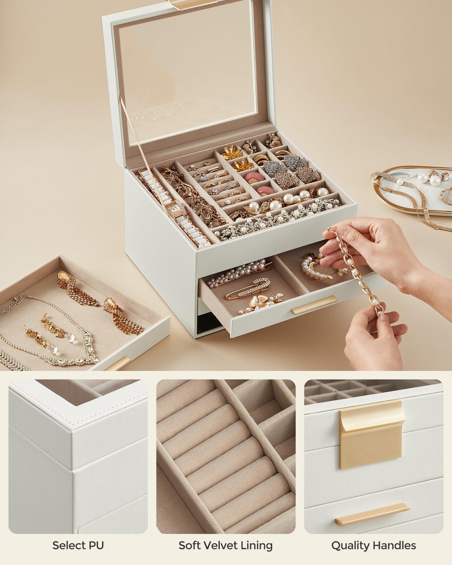 SONGMICS GISELLA Collection - Jewelry Box Organizer, 4-Layer Jewelry Storage with 3 Drawers, Shiny Metal Hardware, Glass Lid, Modern, 20.3 x 23.1 x 16.5 cm, Cloud White and Gold Color UJBC173W01