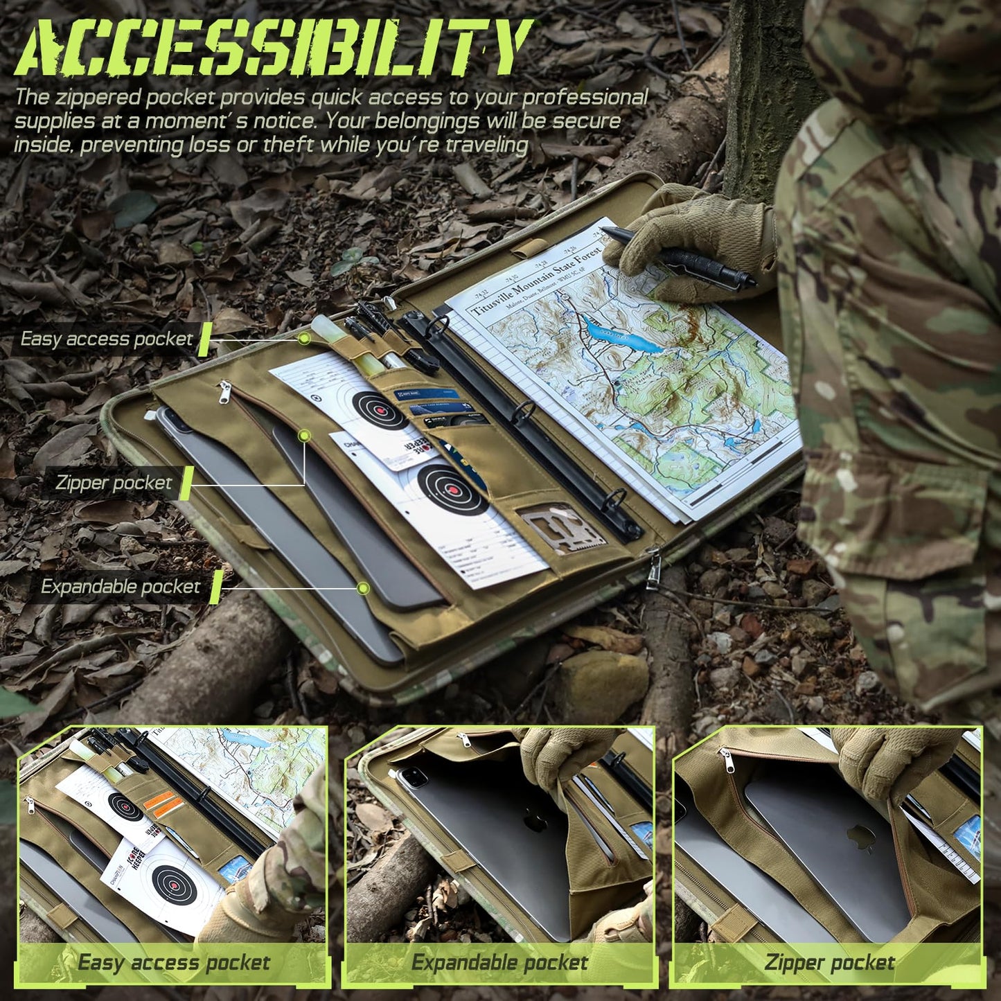 LIVANS Tactical Notebook Portfolio Padfolio Ring Binder with Zipper Army Military Notebook Planner Contains 25 Sheets A4 Letter Paper and Detachable 3-Ring Binder Multi-Storage Handle Bag for Out-work