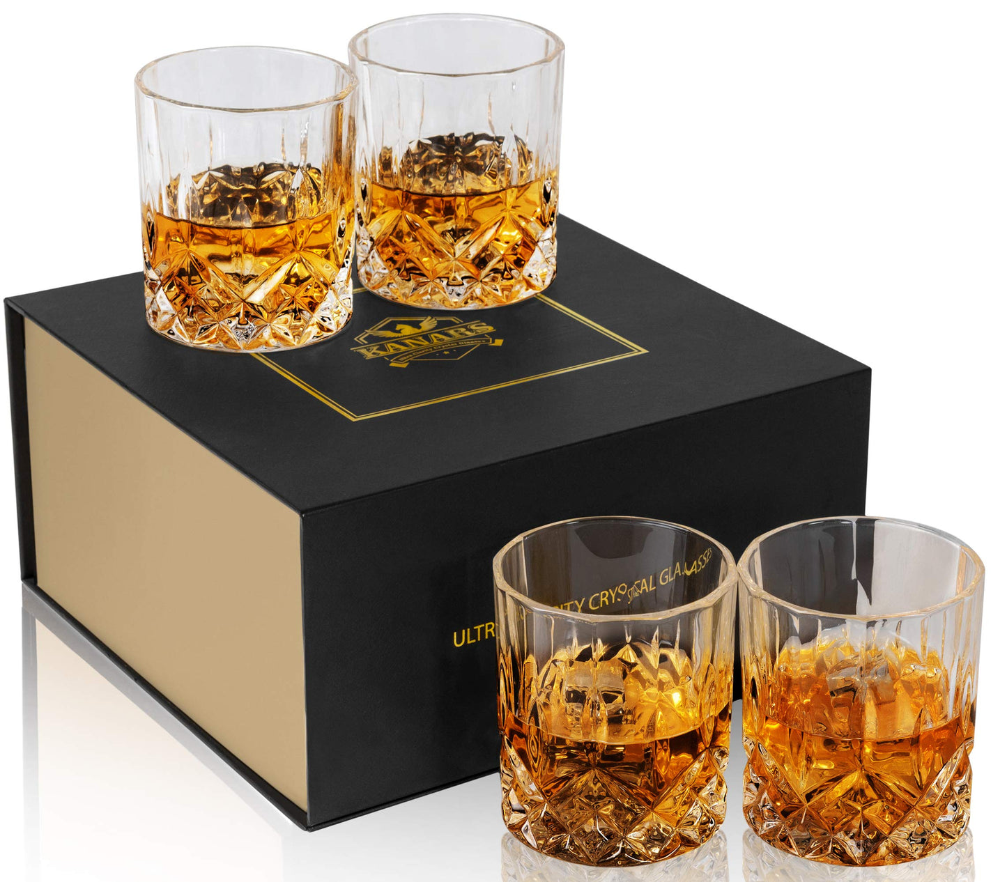 KANARS Whiskey Glasses Set of 4 - 300ml Old Fashioned Cocktail Glass - Premium Crystal Tumblers for Scotch, Whisky, Bourbon, Rum and Vodka - Unique Gift for Father's Day