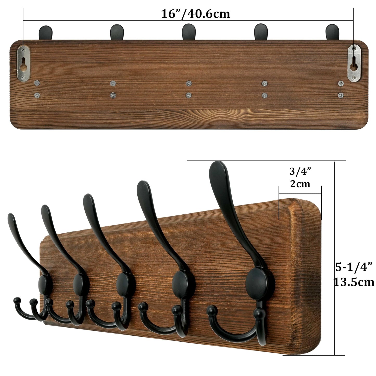 WEBI Coat Rack Wall Mount,Coat Hooks Wall Mounted,16'' Hole to Hole,Wood Coat Hanger Wall,Hook Rack Rail,5 Triple Hooks for Hanging Coats,Jacket,Clothes