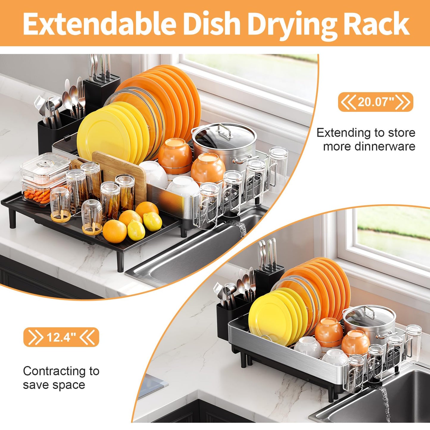 Expandable Dish Rack with Drainboard - Stainless Steel Dish Drainer with Removable Cutlery Tray, Foldable Cup Holder, Elevated Feet, Multifunctional Drainboard for Sink Countertop Kitchen Storage