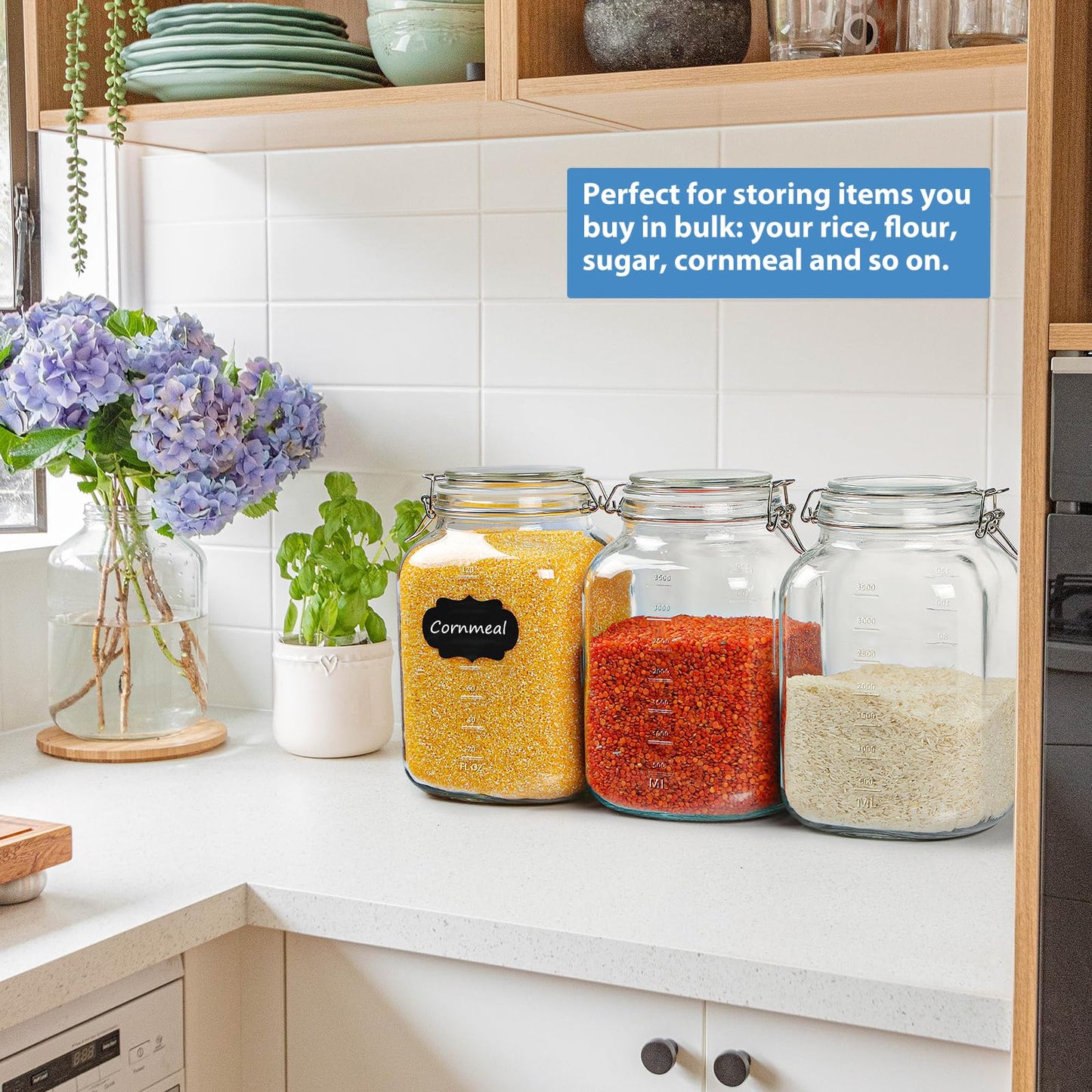 Sovietiep Wide Mouth Large Glass Jar with Airtight Lid, 1 Gallon Glass Jar w Hinged Lids and Scale Marks, Large Mason Jars w Labels and Gasket(for Kitchen Storage, Pickling, Fermenting), Set of 2