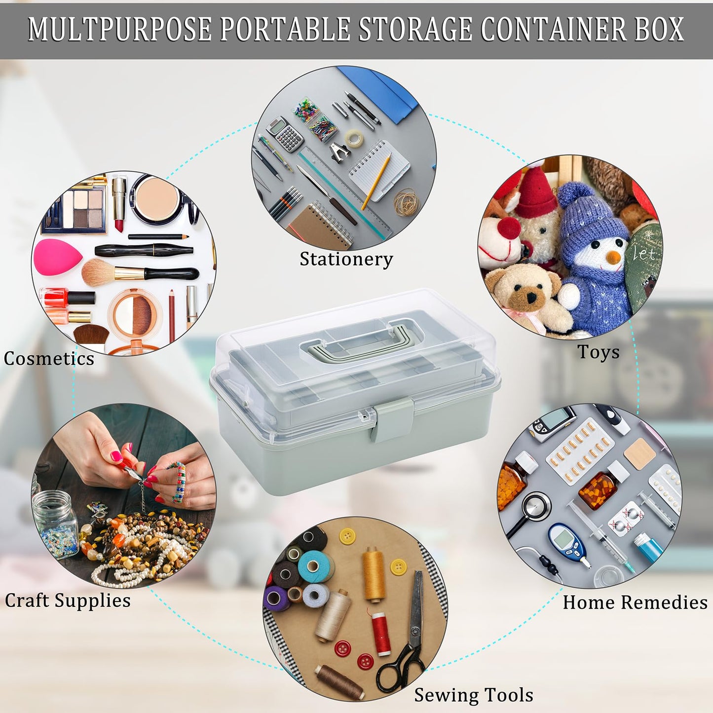 JuxYes Three Layer Multipurpose Storage Box, 3-Layer Art Craft Storage Container Clear Plastic Folding Tool Box Art Crafts Case Sewing Supplies Organizer with 2 Tray, Green