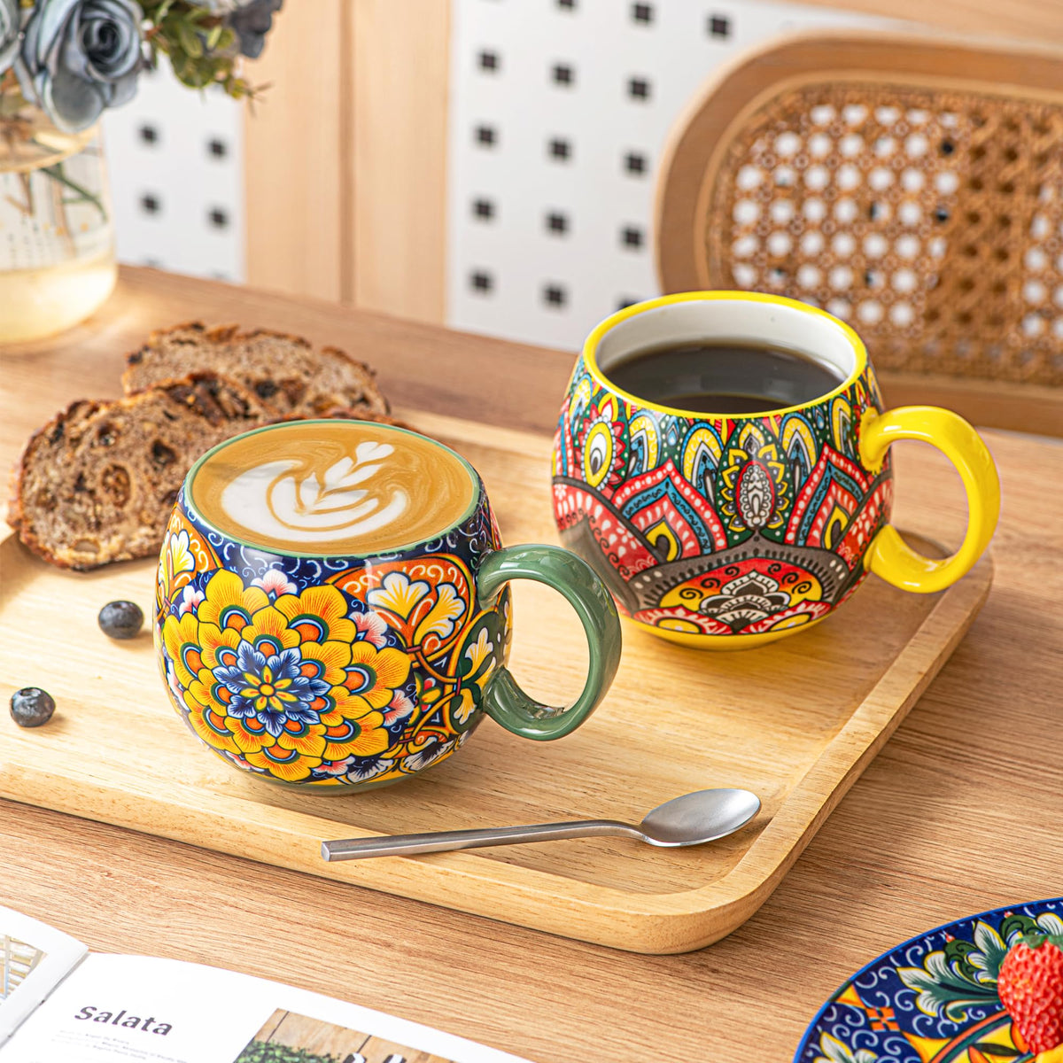 Henten Home Porcelain Latte Mug Set of 6, 20 oz Colorful Coffee Cup with Handle, Boho Ceramci Mug for Cappuccino, Milk, Tea, Hot Chocolate, Cocoa, Microwave & Dishwasher Safe