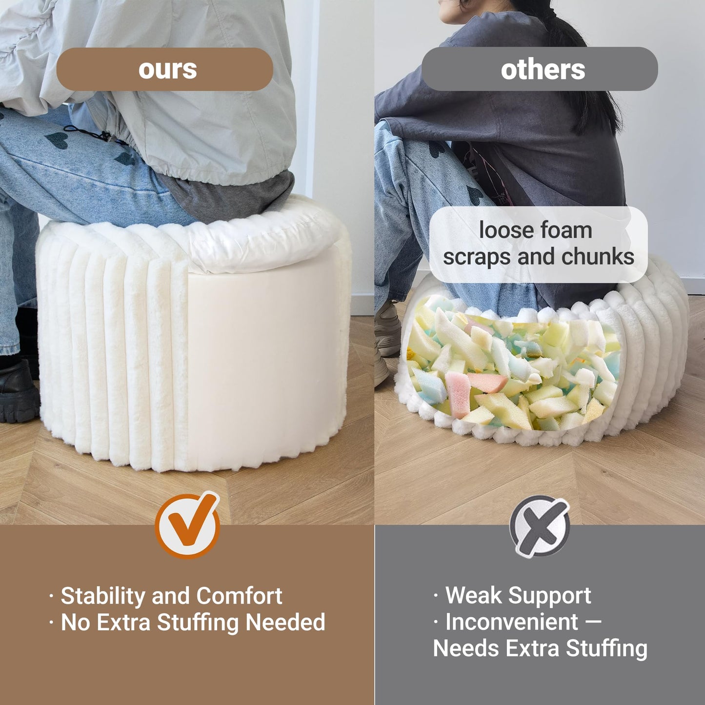 DAWNYIELD Round Stuffed Pouf Ottoman Stripe Faux Fur Footrest Stool, Solid Block Support+Soft Cushion Comfort, Removable Washable Cover, 20" Floor Pouf for Living Room Bedroom Dorm Vanity, Cream Beige