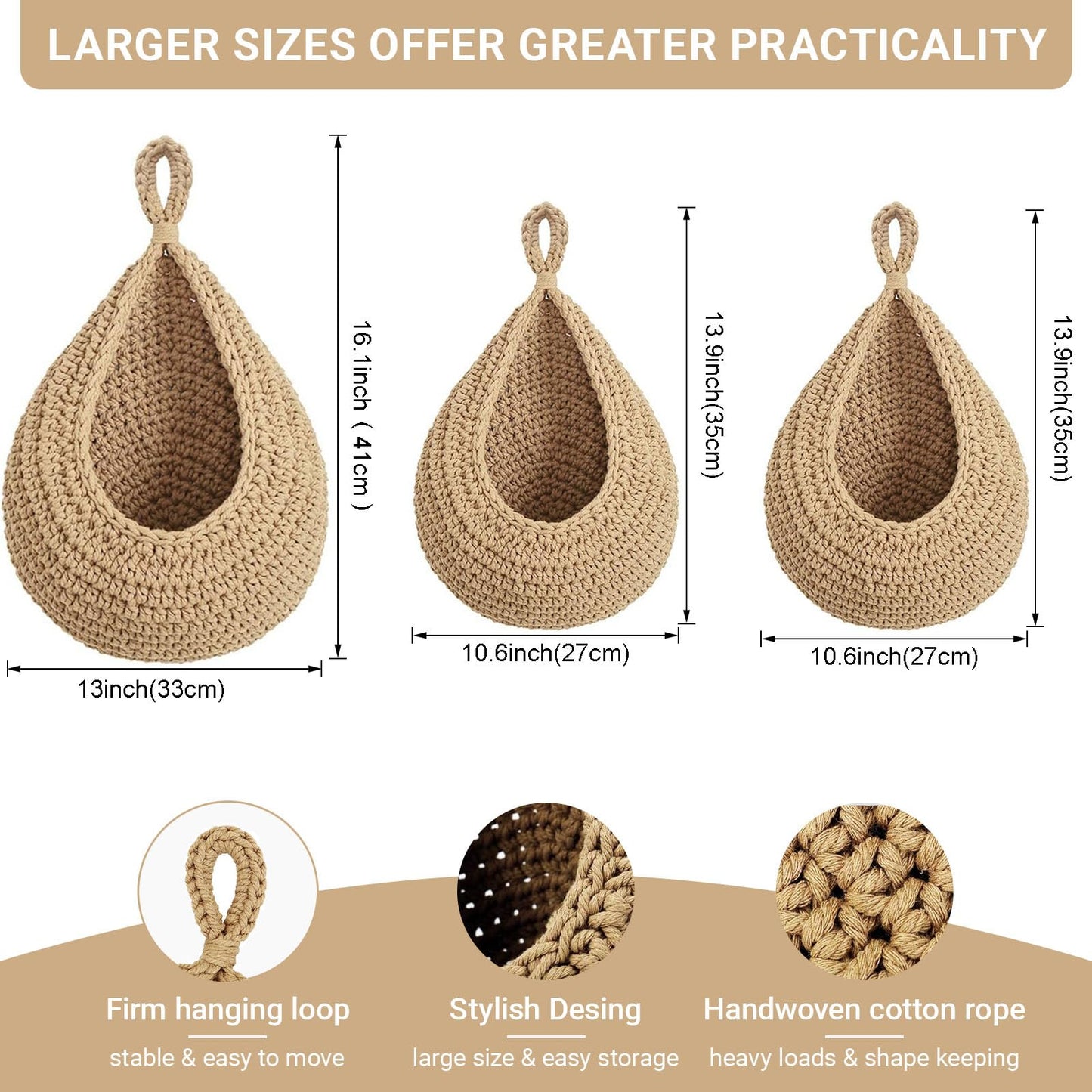 Halidali Hanging Fruit Baskets for Kitchen, 3 Pack Boho Cotton Rope Handwoven Vegetable Storage Wall Mounted Large Organizing Basket for Farmhouse Decor, Onion, Potato, Garlic and Plants
