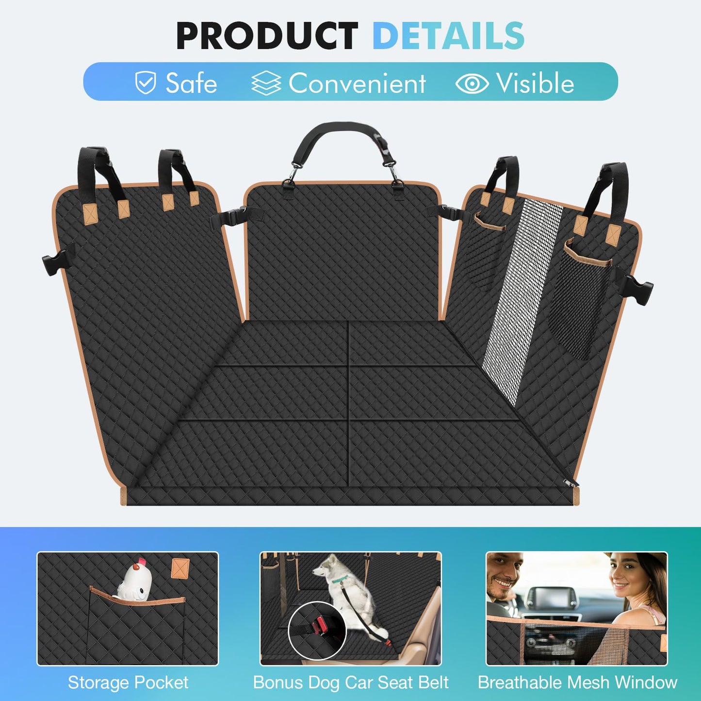Reiseresa Dog Car Seat Cover for Back Seat with Hard Bottom, Back Seat Extender for Large Dogs Travel, Air Mattress Dog Hammock for Car SUV Truck, Quilted