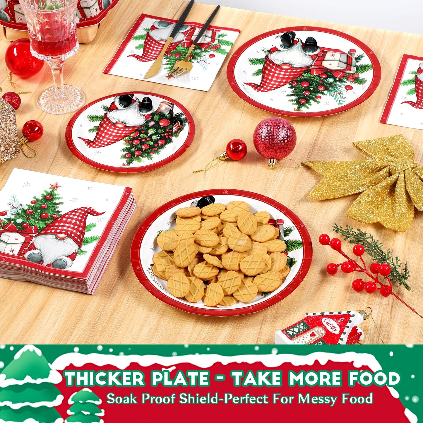 Homlouue 200 PCS Christmas Paper Plates and Napkins Sets, Xmas Tree Gnome Plates and Napkins Disposable, Merry Christmas Disposable Dinnerware Sets, Winter Xmas Party Supplies Decoration, Serve 50