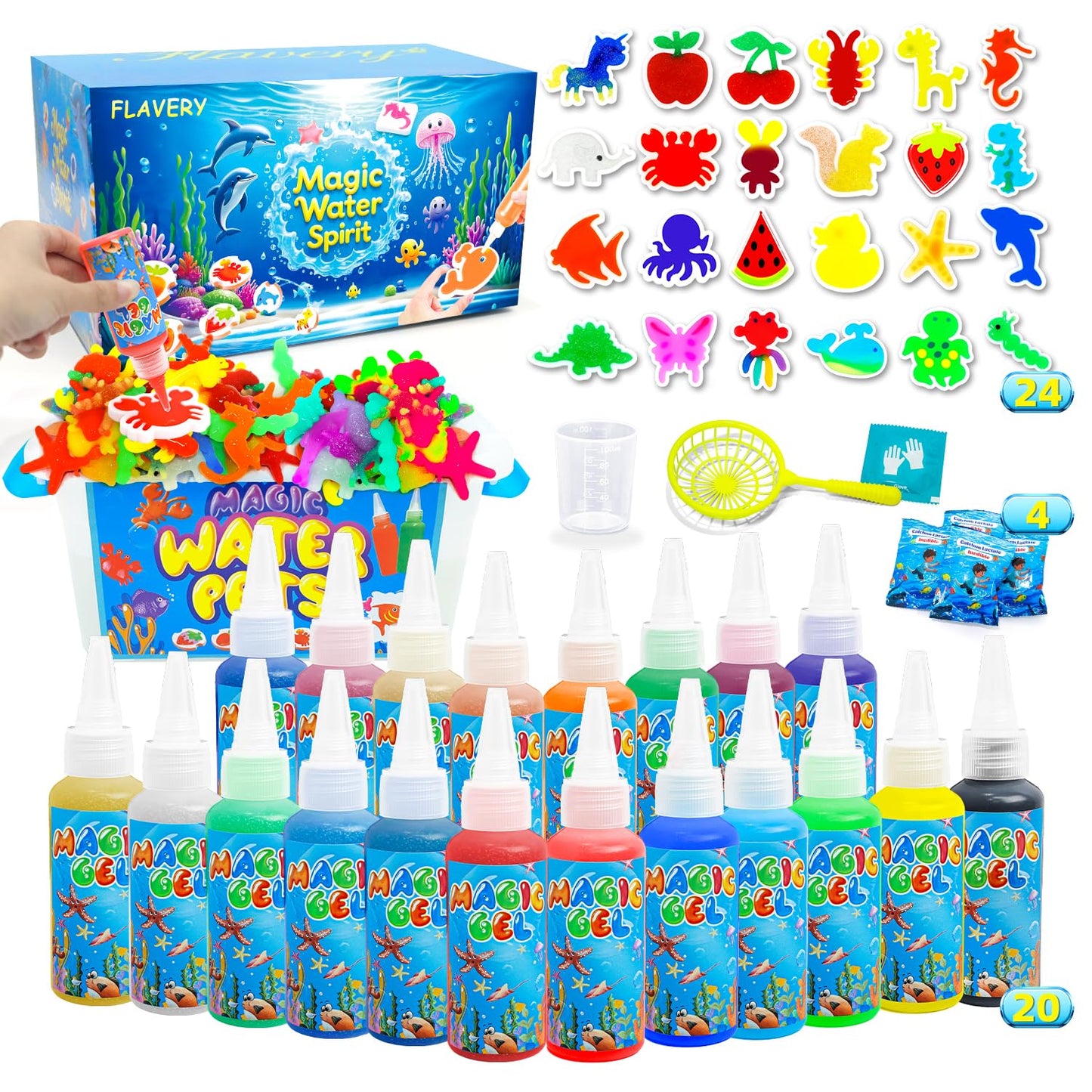 Flavery Magic Water Elf Toy Kit, Fairy Water Gel Kit with 20 Magic Gels and 24 Shape Molds, Aqua Squishy DIY Set, Birthday Gifts, Party Favors