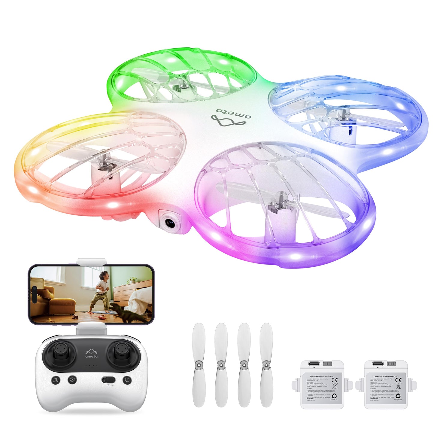 Ameta Morpho Drone for Kids with Camera 1080P HD, FPV RC Quadcopter for Beginners with 32 RGB Light/ 2 Batteries, Cool Toys Gifts for Boys Girls, Prevent Loss Buzzer, 18 min Flight Time