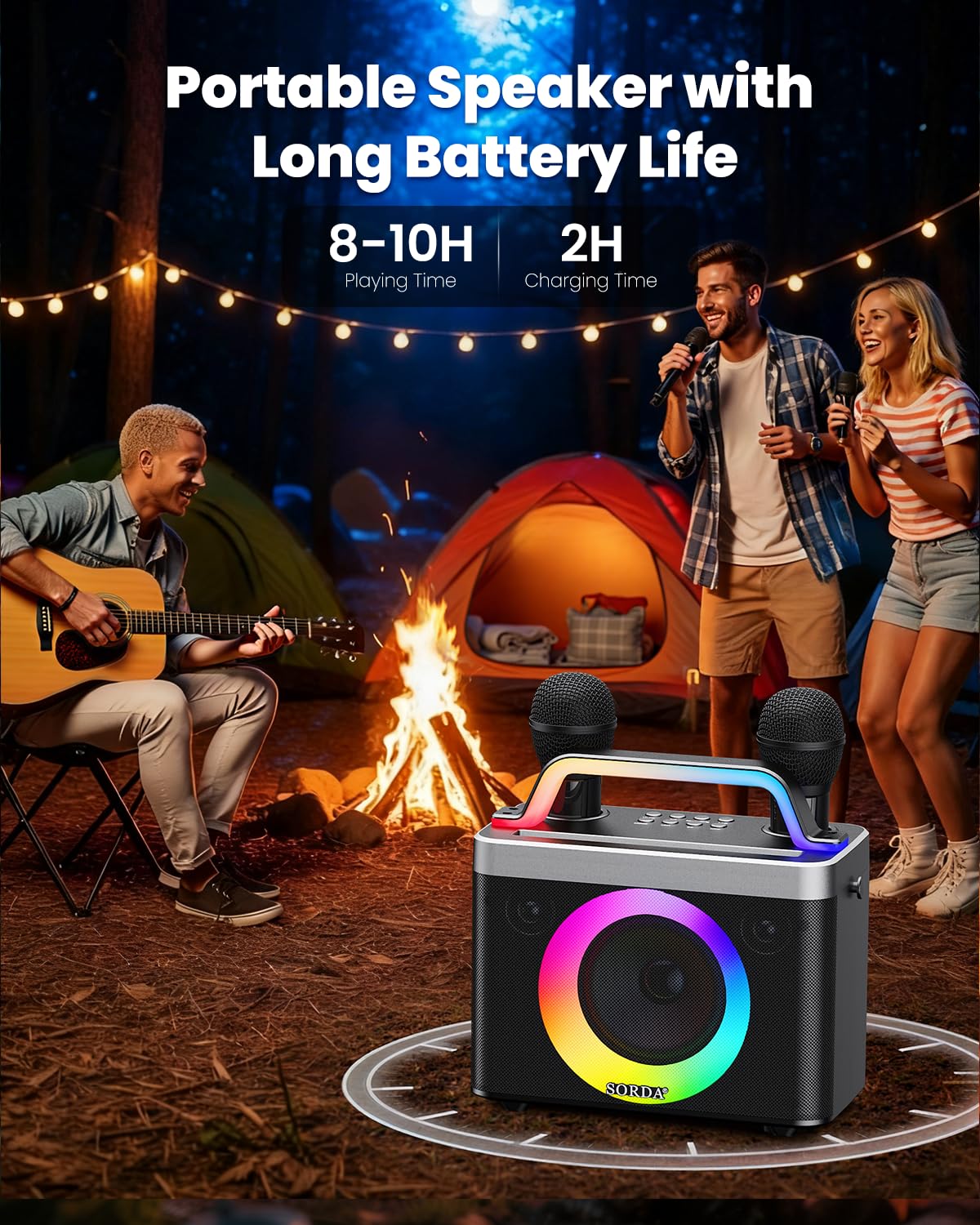 SORDA Portable Bluetooth Karaoke Machine for Adults & Kids - 2 Wireless Microphones, Shoulder Strap, Fun Voice Change, Support USB/AUX, for Outdoor Events Party Gifts (518)
