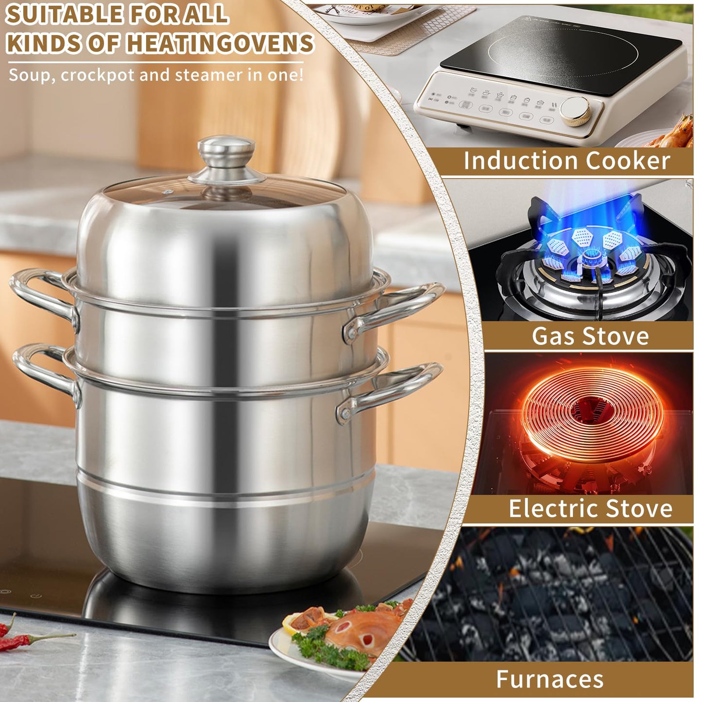 3-Tier Steamer Dia 30cm/11.81" Stainless Steel Boiler Pot with Tempered Glass Lid Steamer Pot with Handles on Both Sides Work with Gas, Electric, Grill Stove Top
