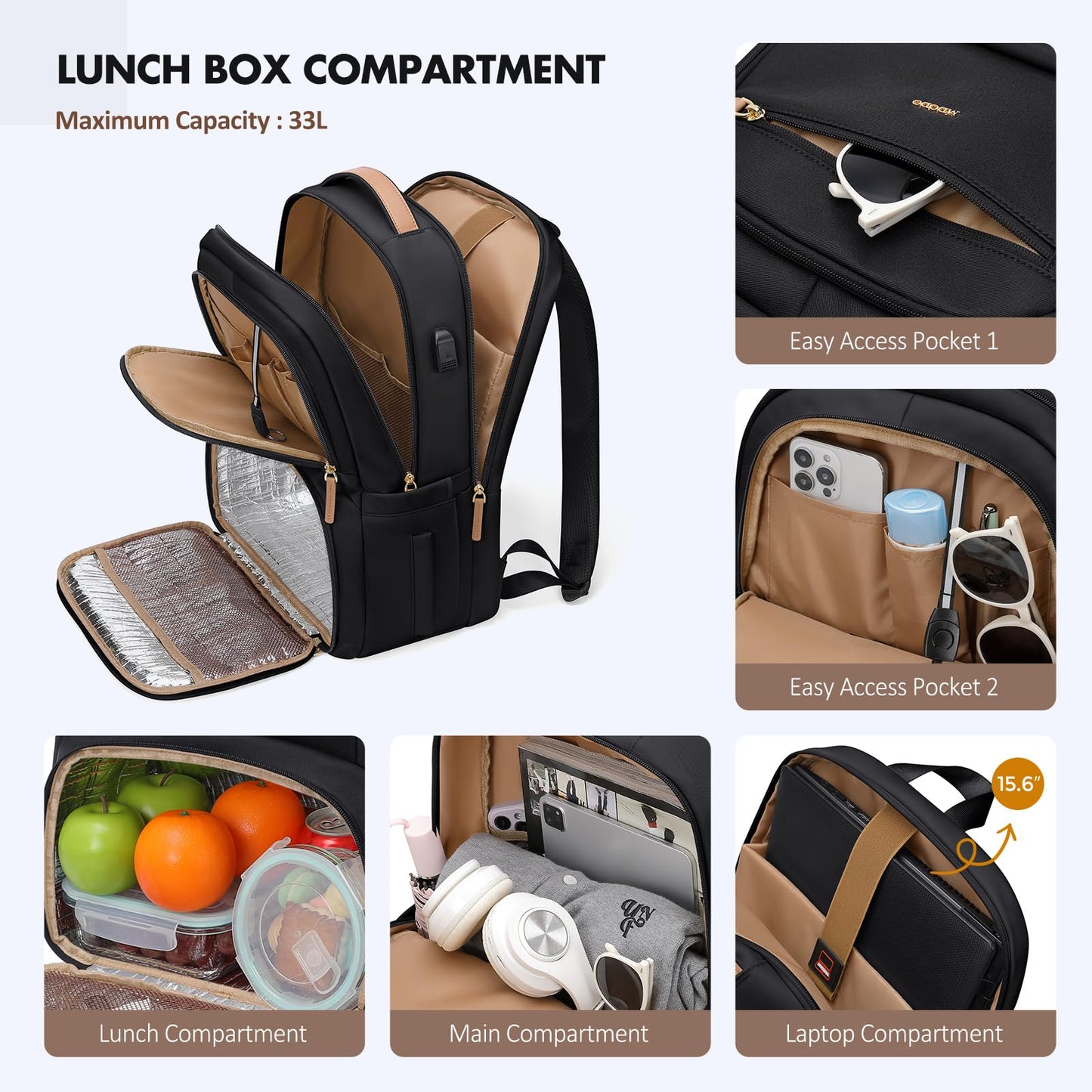 MDODO Lunch Backpack for Women Men,15.6Inch Insulated Lunch Box Backpack with USB Charging Port, Diaper Laptop Back pack for Travel Picnic Work Teacher Nurse,Black