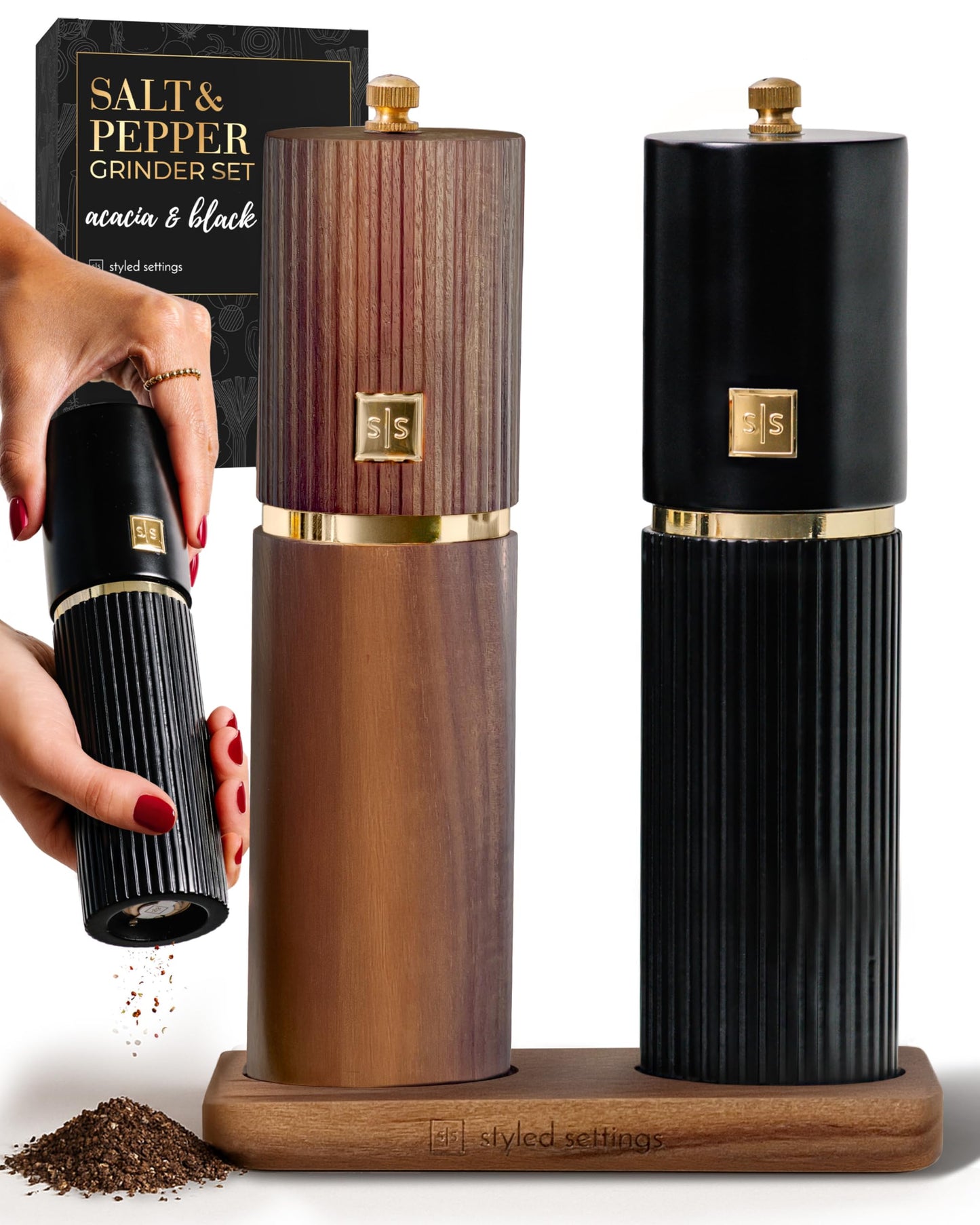 Wooden Salt and Pepper Grinder Set – Refillable Manual Salt and Pepper Mills with Adjustable Ceramic Burrs, Gold Detailing, and Acacia Wood Stand – Ideal Kitchen Gift
