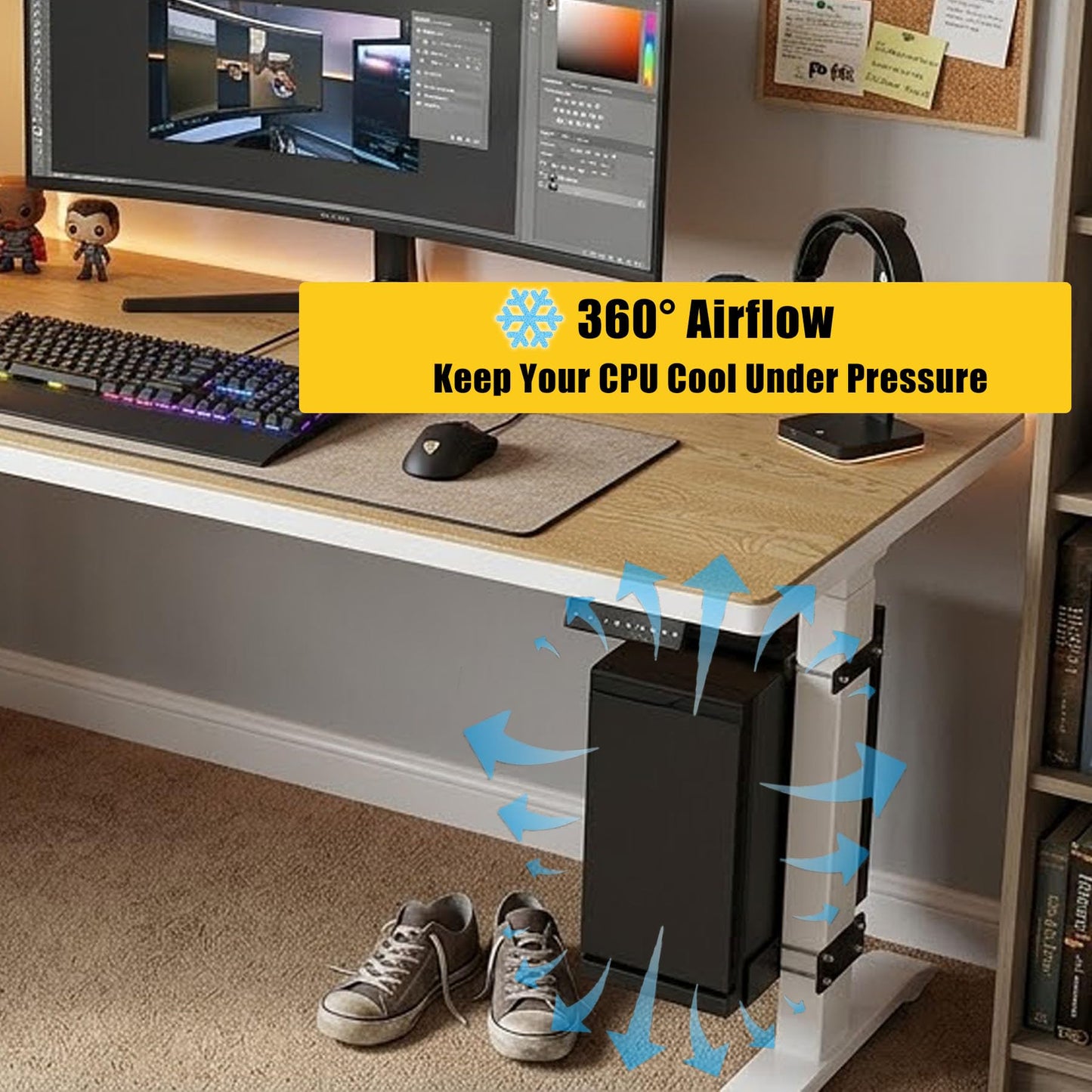 Under Desk PC Mount for Standing Desk, Universal Clamp-On PC Desk Mount with 10PCS Adhesive Cable Clip, No Drilling Heavy Duty Adjustable Computer Case CPU Holder Fits Most Towers, Holds Up to 44Lbs