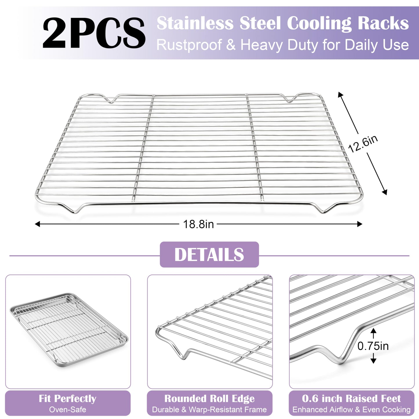 E-far Large Baking Sheet with Wire Rack (2 Pans + 2 Racks), 20 x 14 Inch Stainless Steel Cookie Pans Tray & Cooling Rack for Baking, Non Toxic & Heavy Duty & Rust Free, Oven & Dishwasher Safe