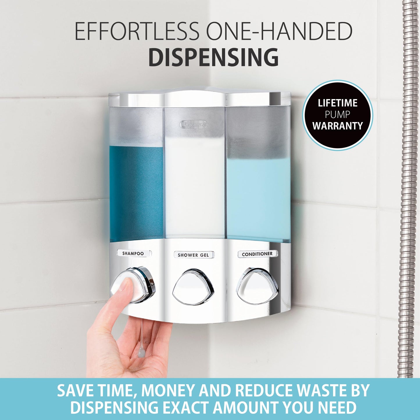 Better Living Products Euro Series TRIO Three Chamber Soap and Shower Dispenser, Chrome