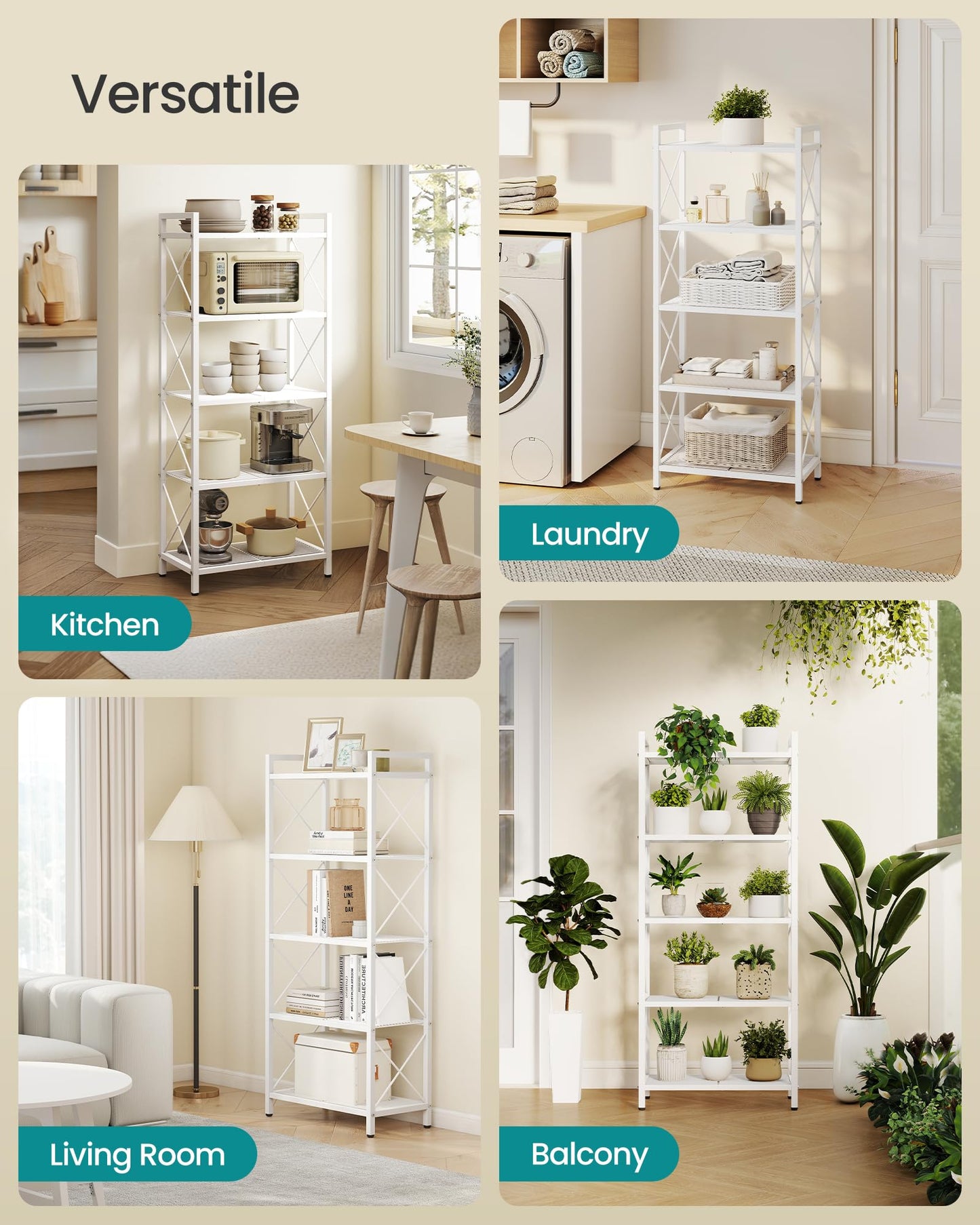 SONGMICS Metal Storage Rack, Shelving Unit with X Side Frames, Dense Mesh, for Entryway, Kitchen, Living Room, Bathroom, Industrial Style, 5-Tier, 11.8 x 22.8 x 55.5 Inches, Cloud White UBSC165W01V1