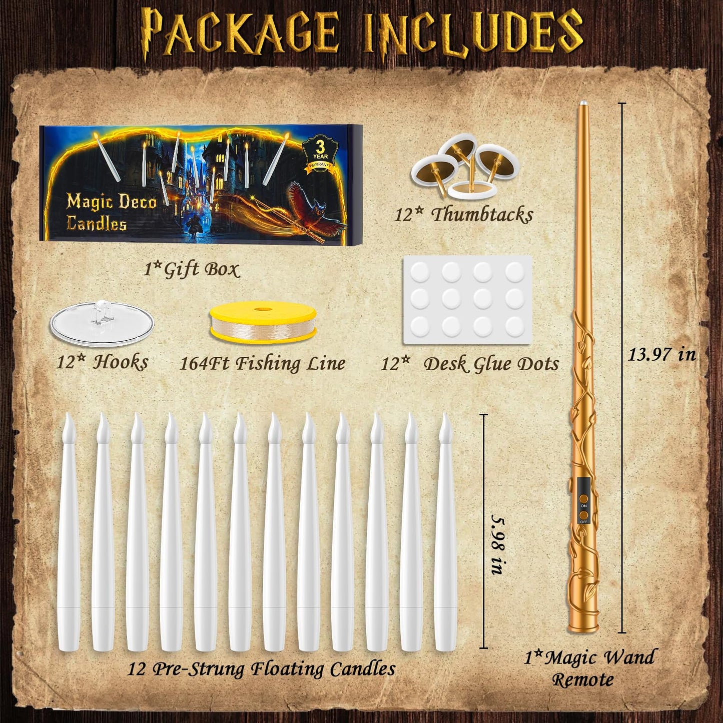 Floating Candles with Wand - Christmas Magic Hanging Flameless Candles Taper Candles with Remote for Halloween Window Home Bedroom Birthday Party Decorations (12 PCS White Candles + Golden Wand)