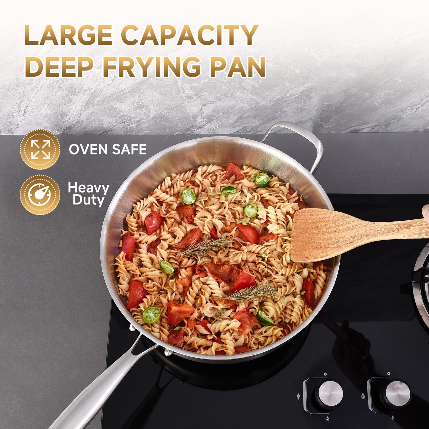 Inqibee Tri-Ply 5.5 Quarts Stainless Steel Sauté Pan with Lid,12 Inch Induction Deep Frying Pan,Large Skillet,Jumbo Cooker,Dishwasher and Oven Safe,Detachable Handle.