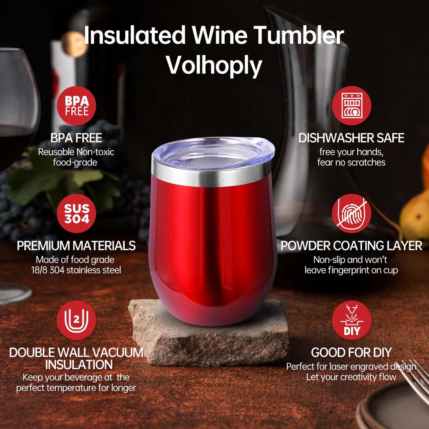 Volhoply 12oz Stainless Steel Wine Tumbler with Lid Bulk 12 Pack,Double Wall Vacuum Stemless Wine Glasses,Reusable Metal Travel Coffee Mug with Straw,Insulated Cups Gift for Christmas（Assorted,12 Set）
