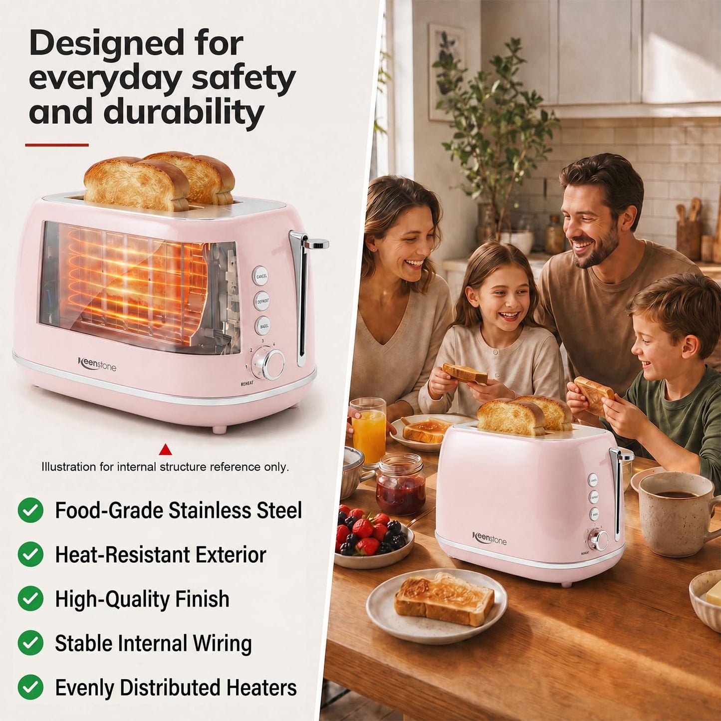 Keenstone Toaster 2 Slice Stainless Steel with 6 Bread Shade Settings, Bagel, Cancel, Defrost Function, 2 Slice Retro Toaster with Extra Wide Slot, Removable Crumb Tray, Pink