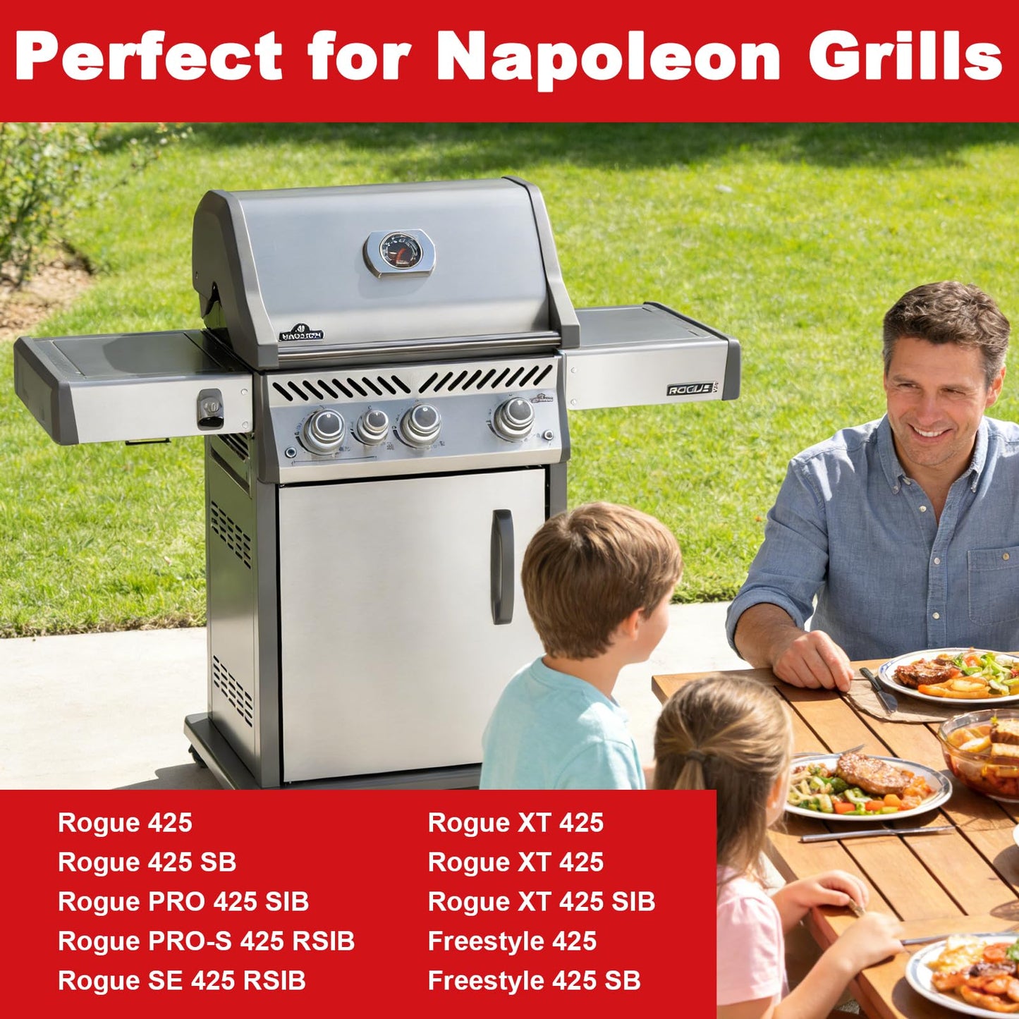 Cast Iron Cooking Grates for Napoleon Rogue 425 Series Grills, Heavy Duty Grill Grids Replacement Parts, BBQ Accessories for Napoleon S83008, 2 Pack