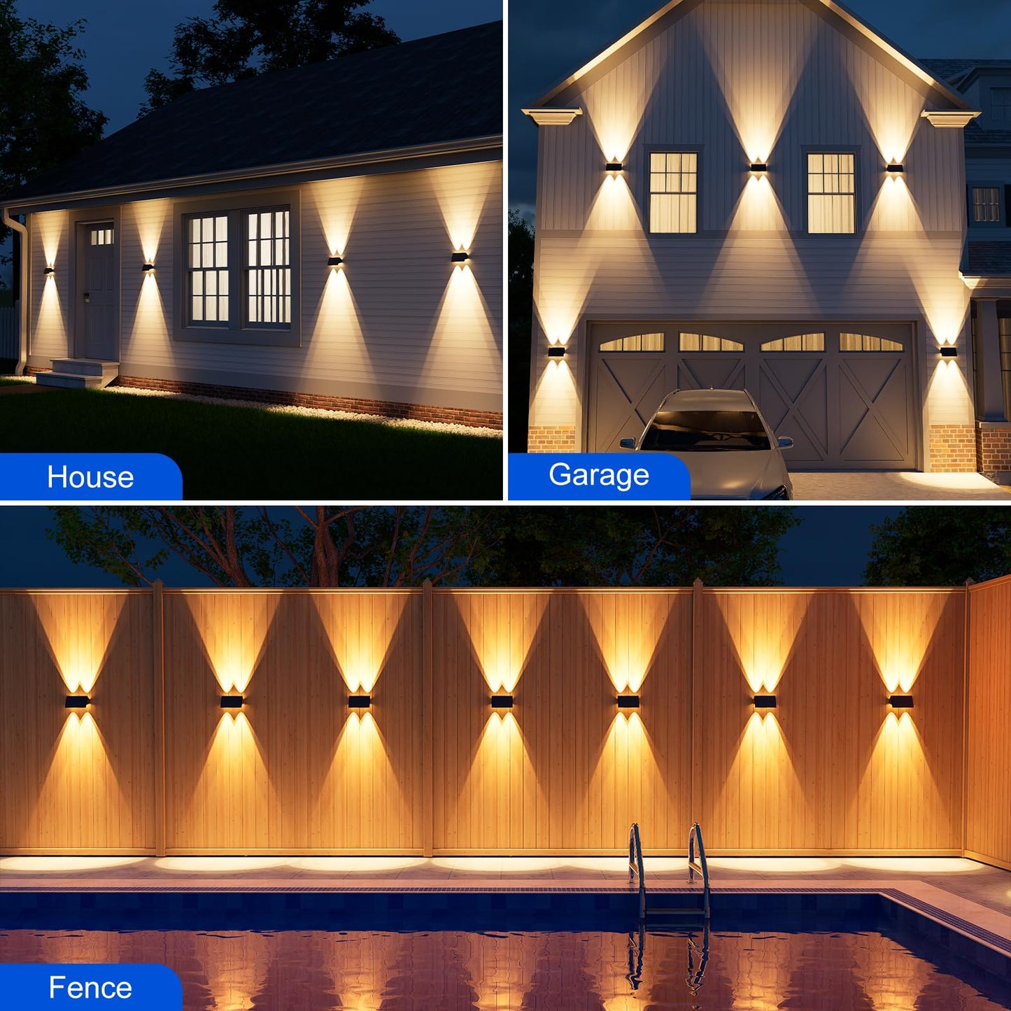 4 Pack Solar Powered Wall Lights for Outside Up and Down Fence Mount LED Outdoor Decorative Waterproof Lamps for Porch, Deck, Patio, Yard, Garden, 4 Lenses Designed for Accent Lighting (Warm White)