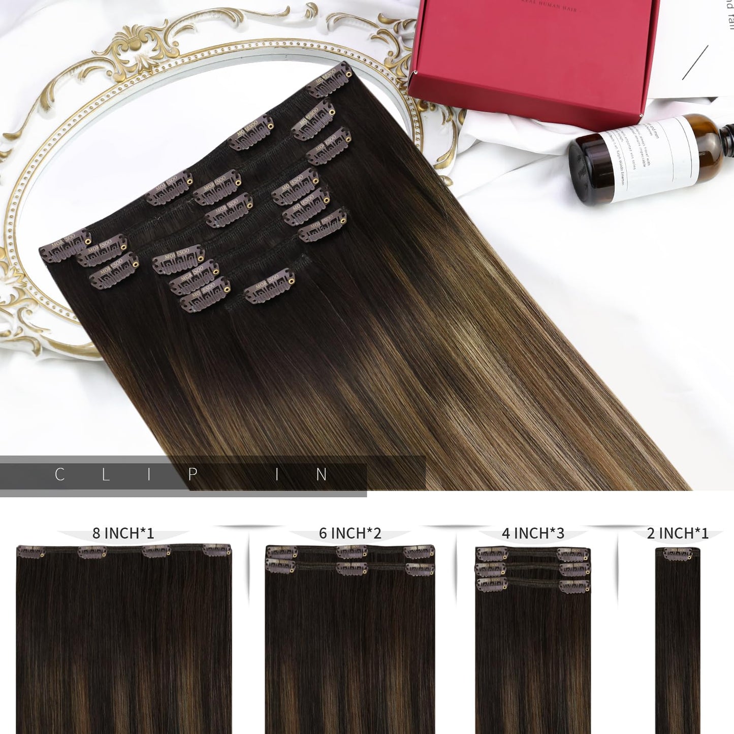Moresoo Clip in Hair Extensions Human Hair Ombre Dark Brown to Dark Ash Blonde with Golden Blonde Balayage Hair Extensions for Women Clip in Human Hair Double Weft Clip in Extensions 18Inch 7Pcs 120G