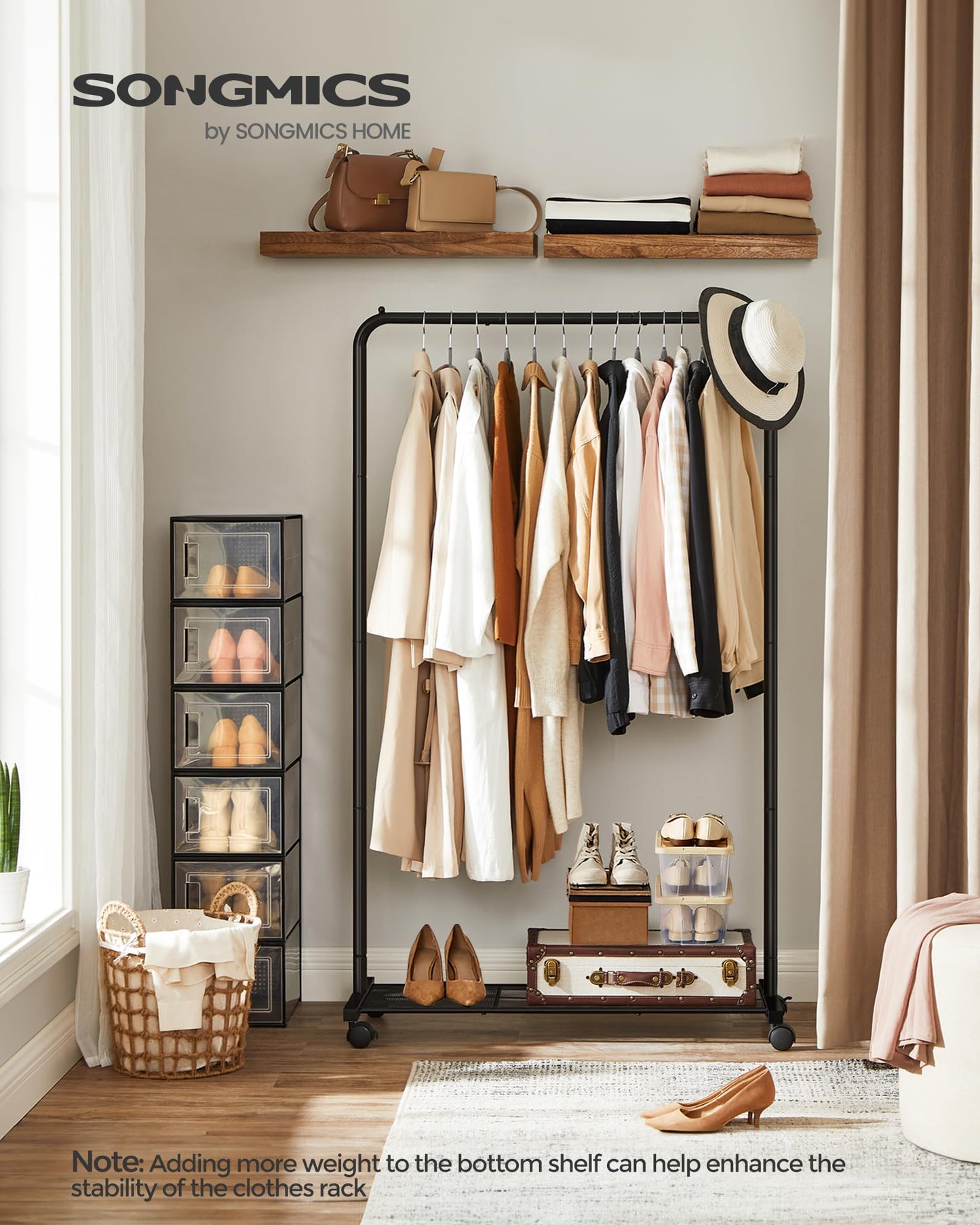 SONGMICS Clothes Rack with Wheels, 35.8 Inch Garment Rack, Clothing Rack for Hanging Clothes, with Dense Mesh Storage Shelf, 110 lb Load Capacity, 2 Brakes, Steel Frame, Black UHSR25BK