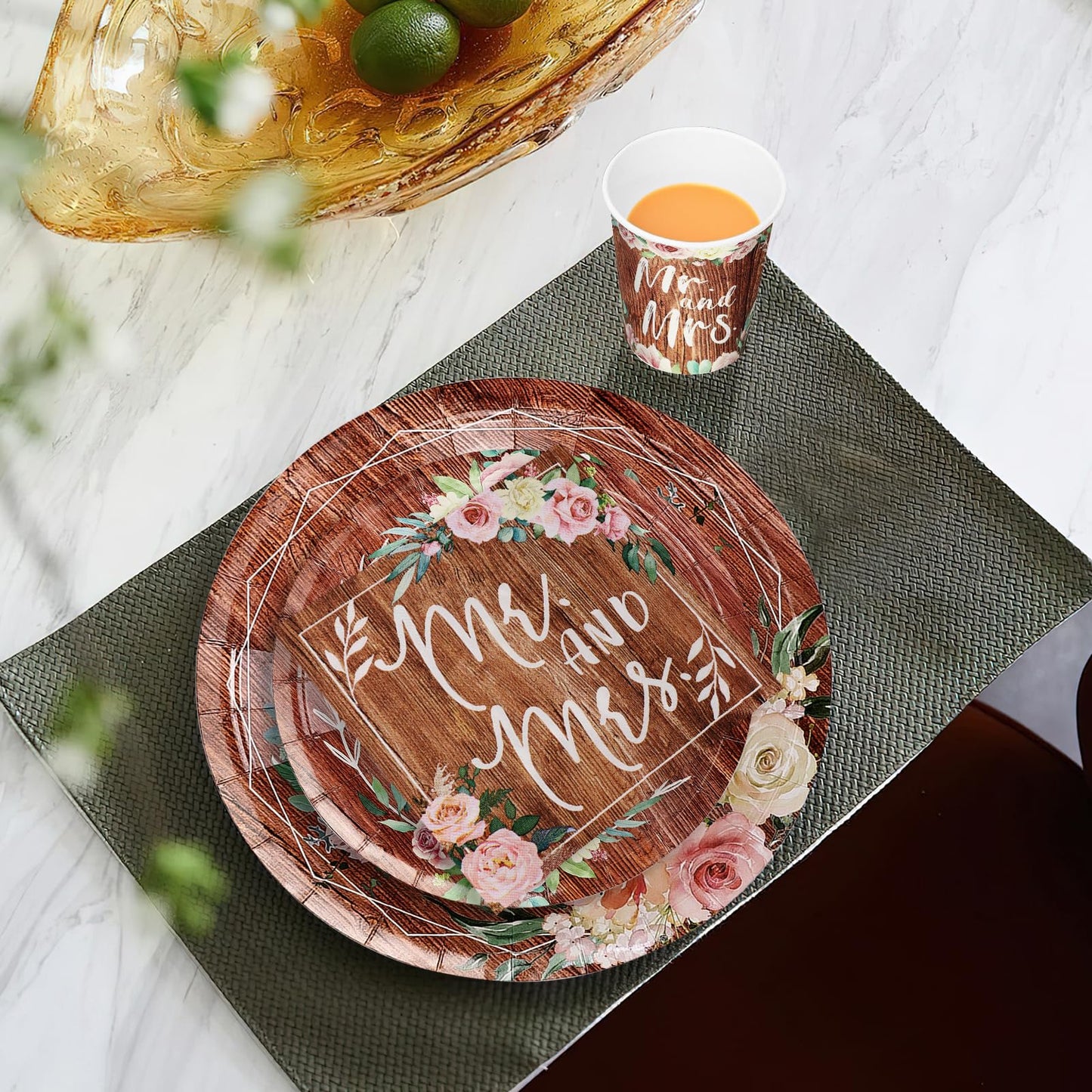250 Pcs Bridal Shower Plates and Napkins Sets, 9'' Dinner Plate, 7'' Dessert Plate, 9 Oz Cup, Wedding Paper Plates for 50 Guests, Wedding Supplies Engagement Party Decorations - Retro Wood Grain
