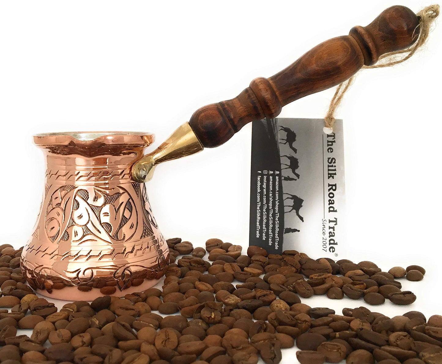 PC Series (Small- 6 fl oz) - Thickest Solid Copper Engraved Turkish Greek Arabic Coffee Pot Wooden Handle Heavy Duty, Stovetop Coffee Maker, Jazzve, Cezve, Ibrik with Hammered Base