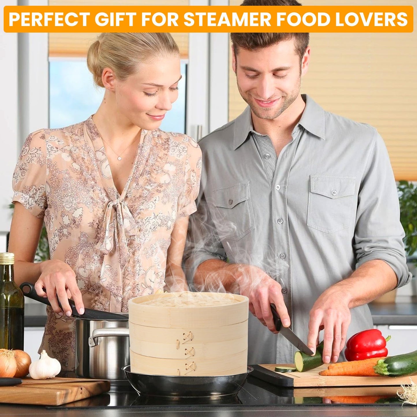62 PCS 10 Inch 2 Tier Bamboo Steamer, Bamboo Steamer Basket, Dim Sum Basket, with 1Ring Adapter, 2Reusable Silicone Liner, 2 pairs of chopsticks, 2Sauce Dishes, 50Paper Liners, 1Ring
