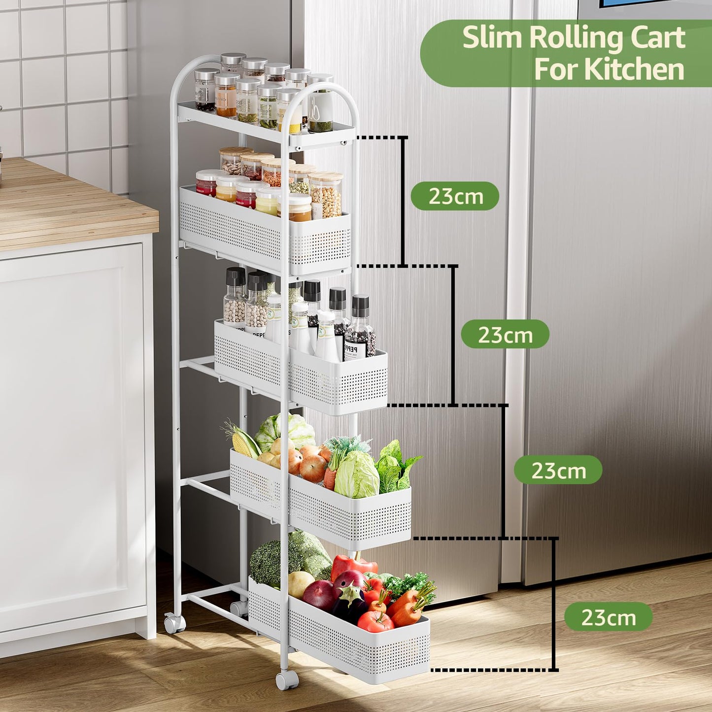 KINGRACK 5-Tier Slim Storage Cart with Pull Out Basket, Rolling Bathroom Organizer Utility, Metal Shelving Unit Slide Out, Lockable Wheels, Easy Assembly for Narrow Place, Kitchen, Laundry Room