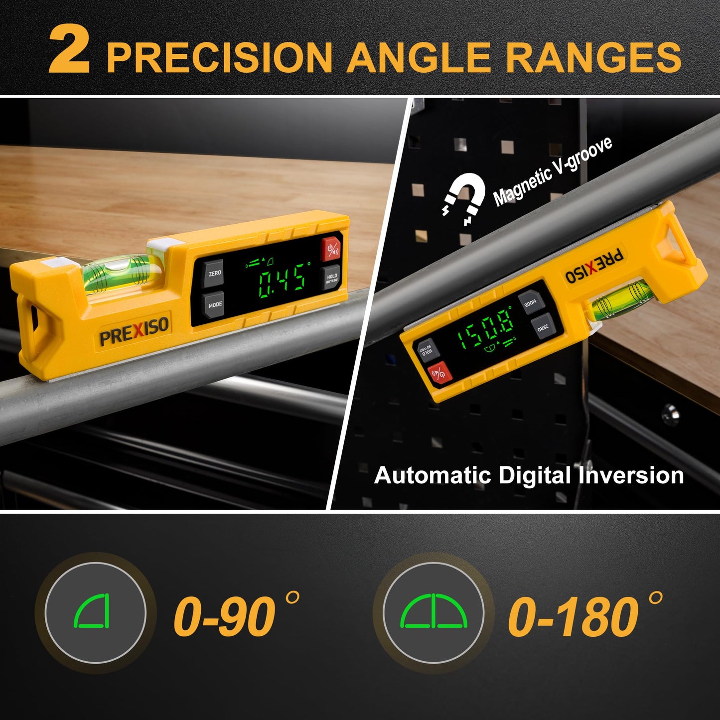 PREXISO Magnetic Digital Level & Protractor, 7 inch Angle Finder 0-90° & 0-180° Range, Electronic Bubble Inclinometer with Magnetic V-Groove & Audio Indicator for Woodwork, Home Drainage Leveling