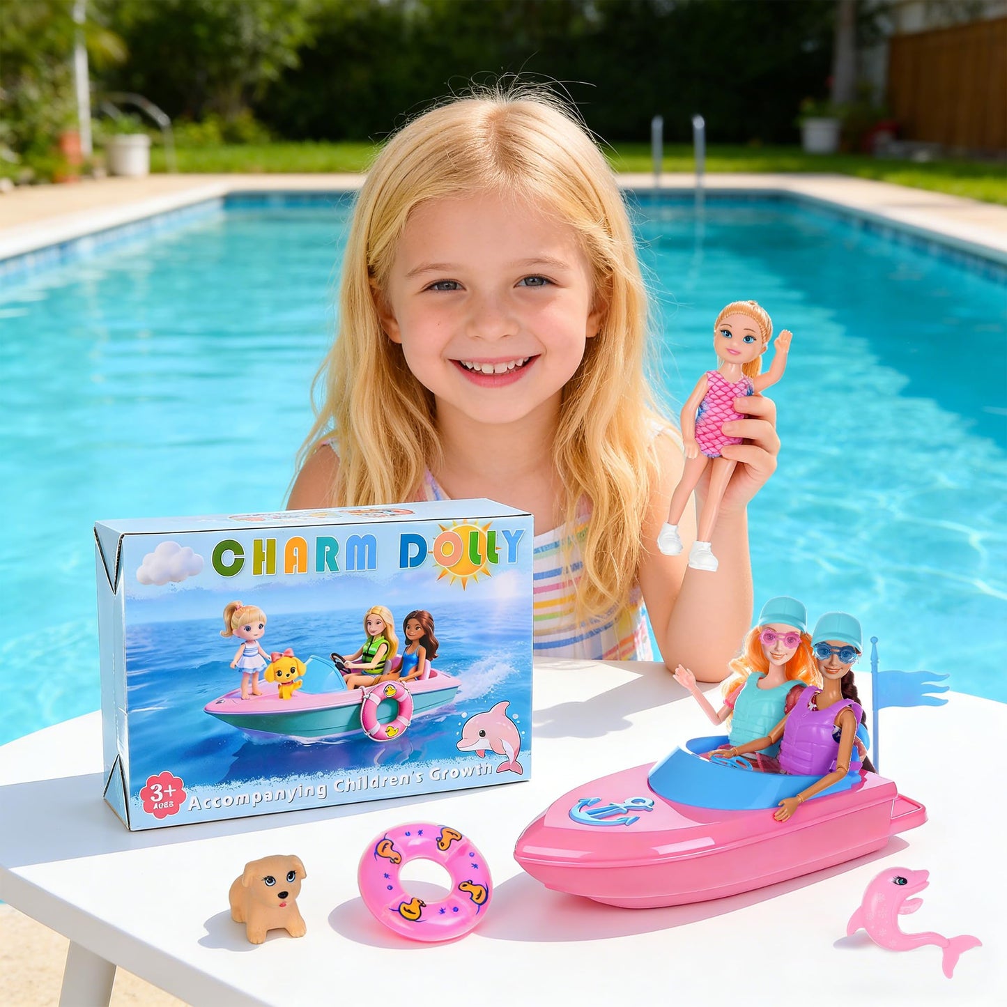 ebuddy Fashion Dolls and Boat Playset - 11.5 Inch Dolls with Swimwear, Life Vests, Accessories, 5.5 Inch Doll, Pet Puppy and Dolphin Toy - Summer Beach Adventure Gift Set for Girls