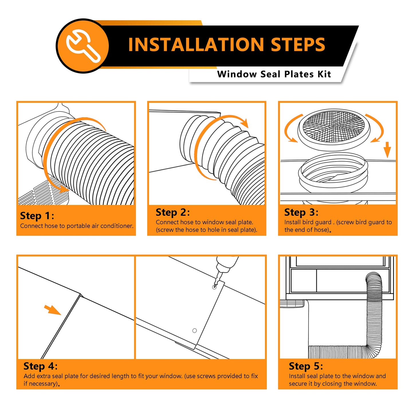 LBG Products Window Seal Plates Kit for Portable AC Units,Plastic Air Conditioner Vent Kit for Sliding Windows and Doors,Adjustable Length Panels for Mobile AC Exhaust Hose (5.9" Diameter)