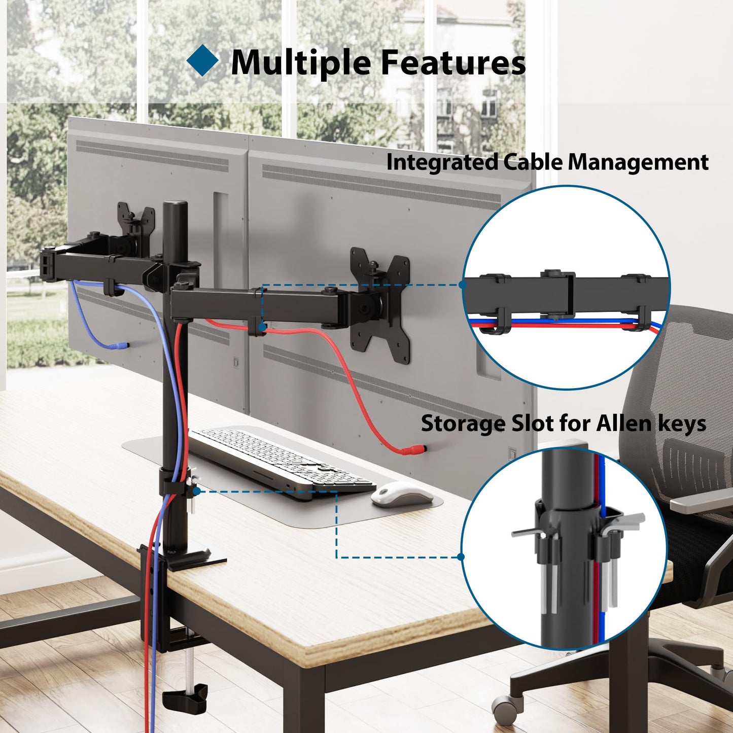 BONTEC Dual Monitor Arm for 13-32 inch LCD LED PC Screens, Height Adjustable 360° Rotation, 90° Tilt and Swivel, 22 lb per Arm, Desk Clamp or Grommet Mount, Cable Management,Black