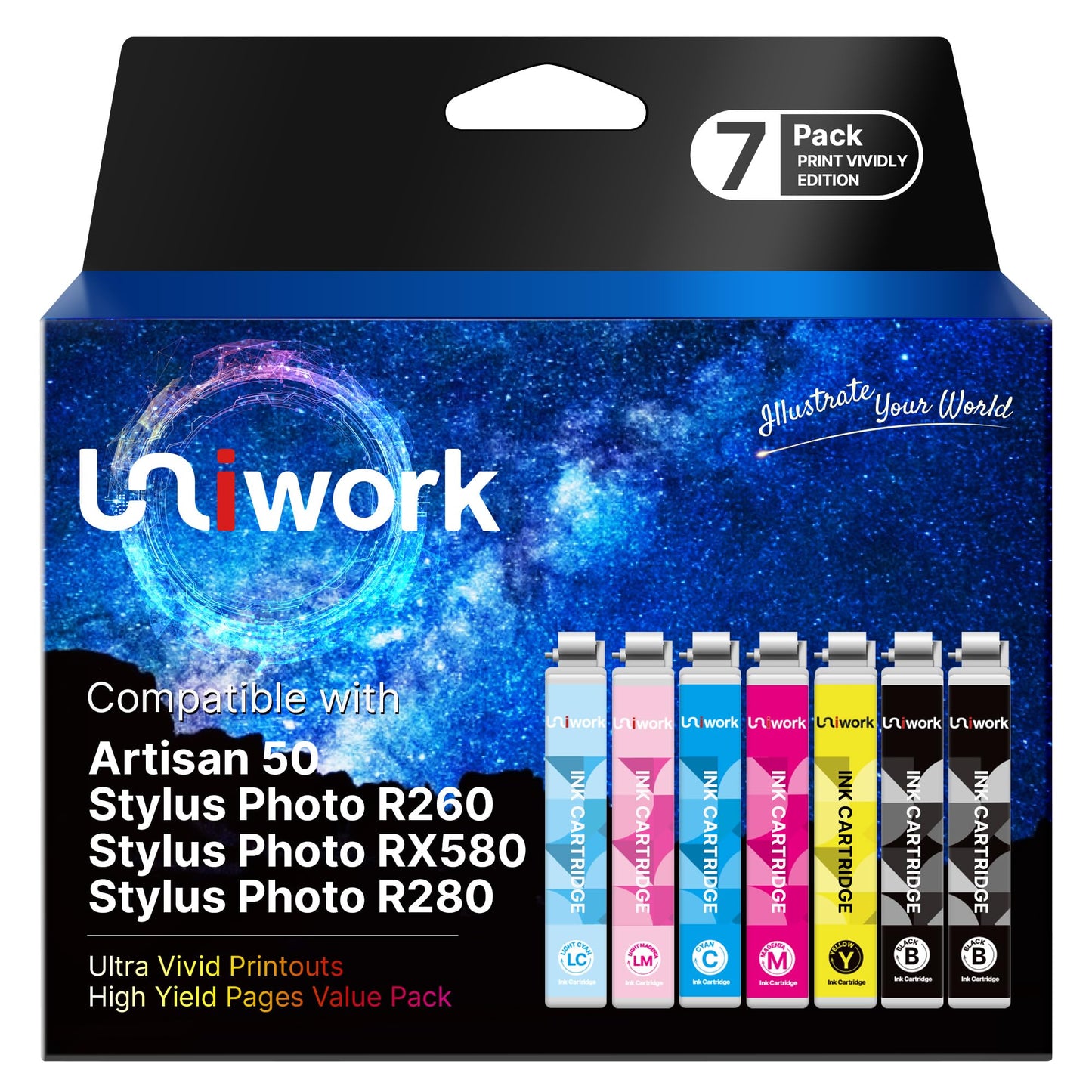 Uniwork 78 Ink Cartridge remanufactured for Epson 78 T078 use in Artisan 50 Stylus Photo R260 R280 R380 RX580 RX595 RX680 Printer Tray (7 Pack)
