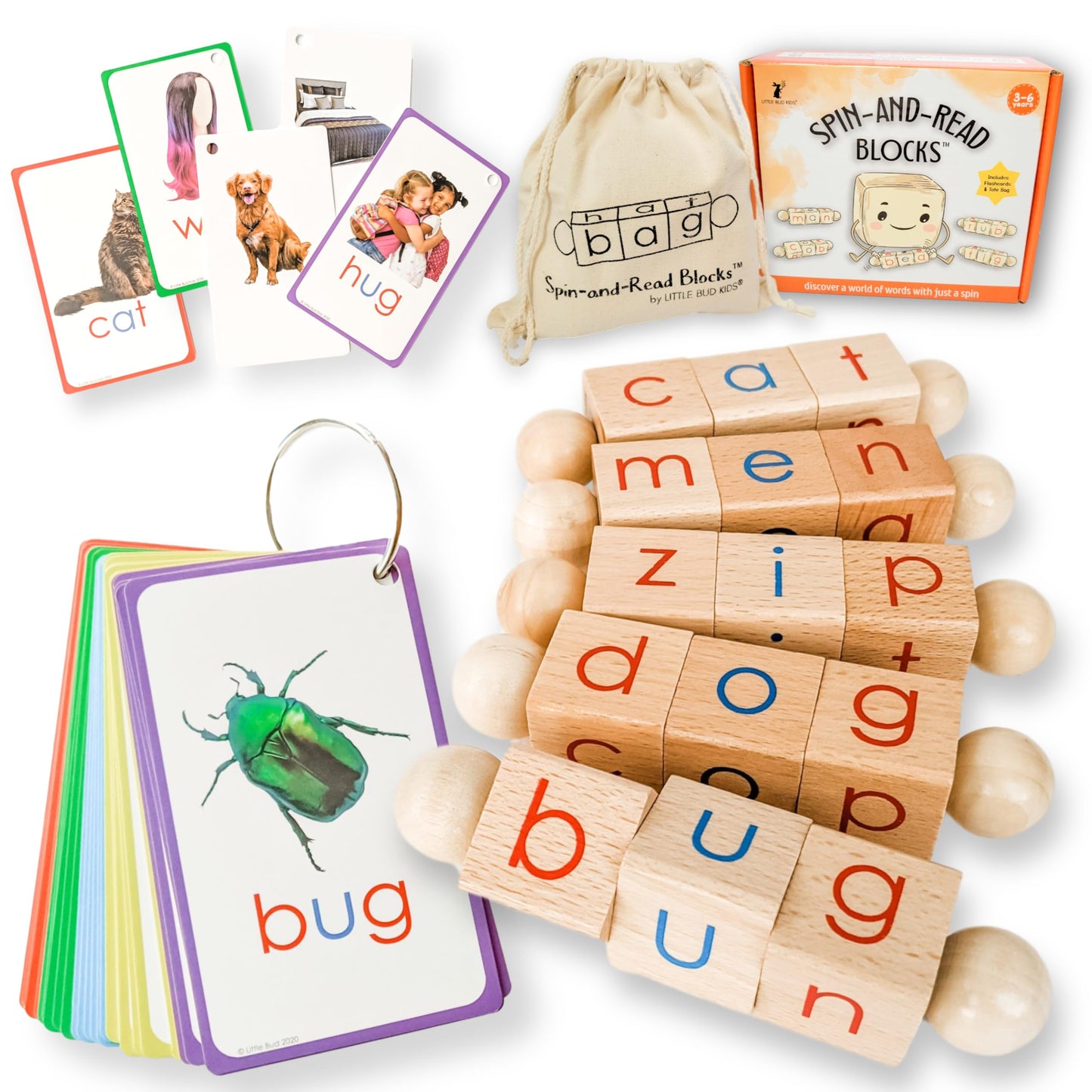 Little Bud Kids Spin-and-Read Phonics Toy, Rotating Wooden Reading Blocks with CVC Flash Cards, A Montessori Reading Learning Resources Toy for 3-5 Years Old