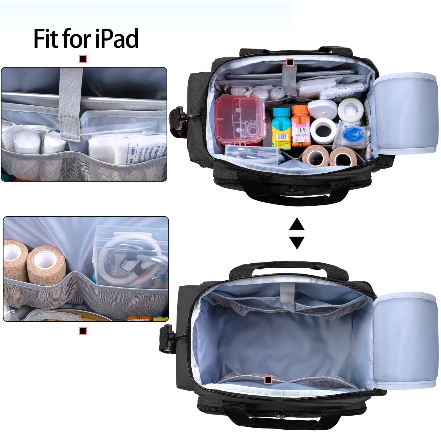 Trunab Medical Supplies Bag, Nurse Bag with Handle and Shoulder Strap for Home Health Care, Hospice Visit, Travel, or Emergency Event, Black (Patented Design)