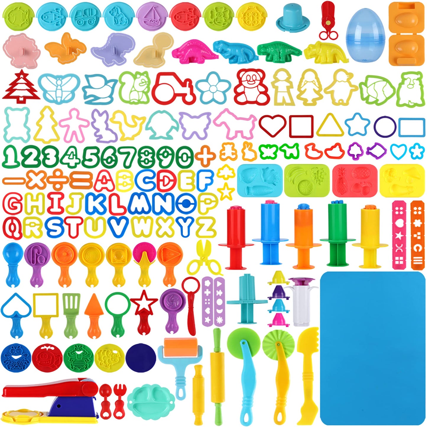 Oun Nana 144 PCS Dough Tools Set for Kids Ages 3-8 – Includes Letter & Number Cutters, Animal Cutters, Dinosaur Molds, Extruder, Scissors, Rollers, Dough Mat, Storage Bag